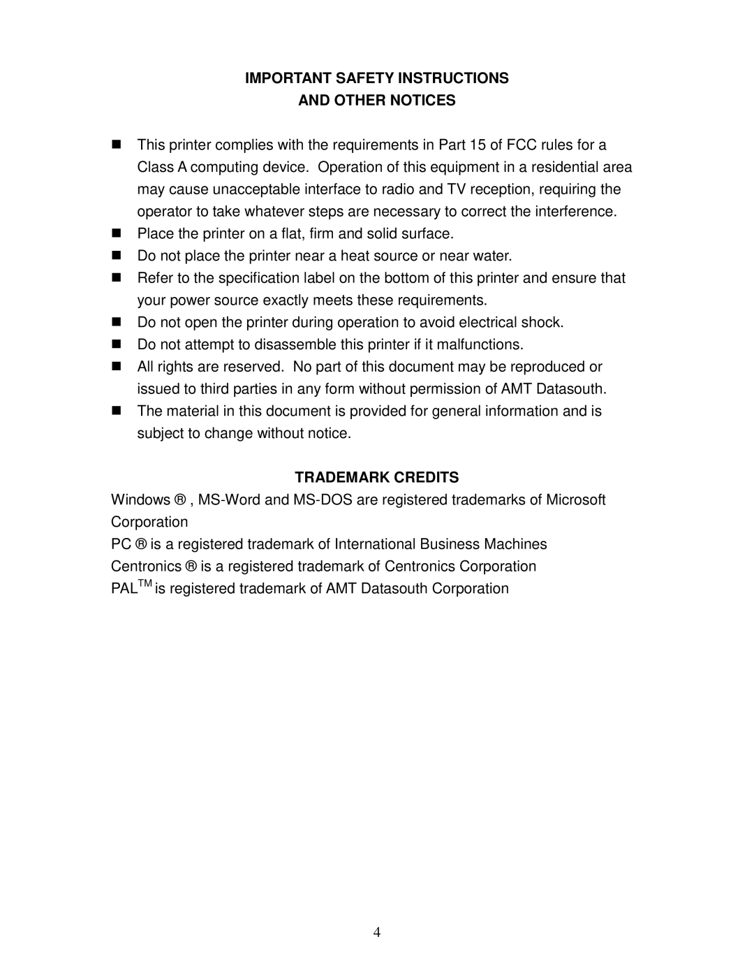 AMT Datasouth 4600 manual Important Safety Instructions Other Notices 