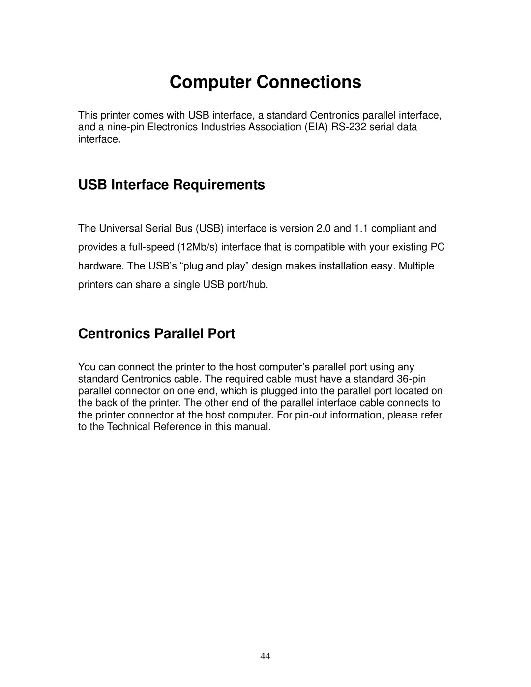 AMT Datasouth 4600 manual Computer Connections, USB Interface Requirements, Centronics Parallel Port 