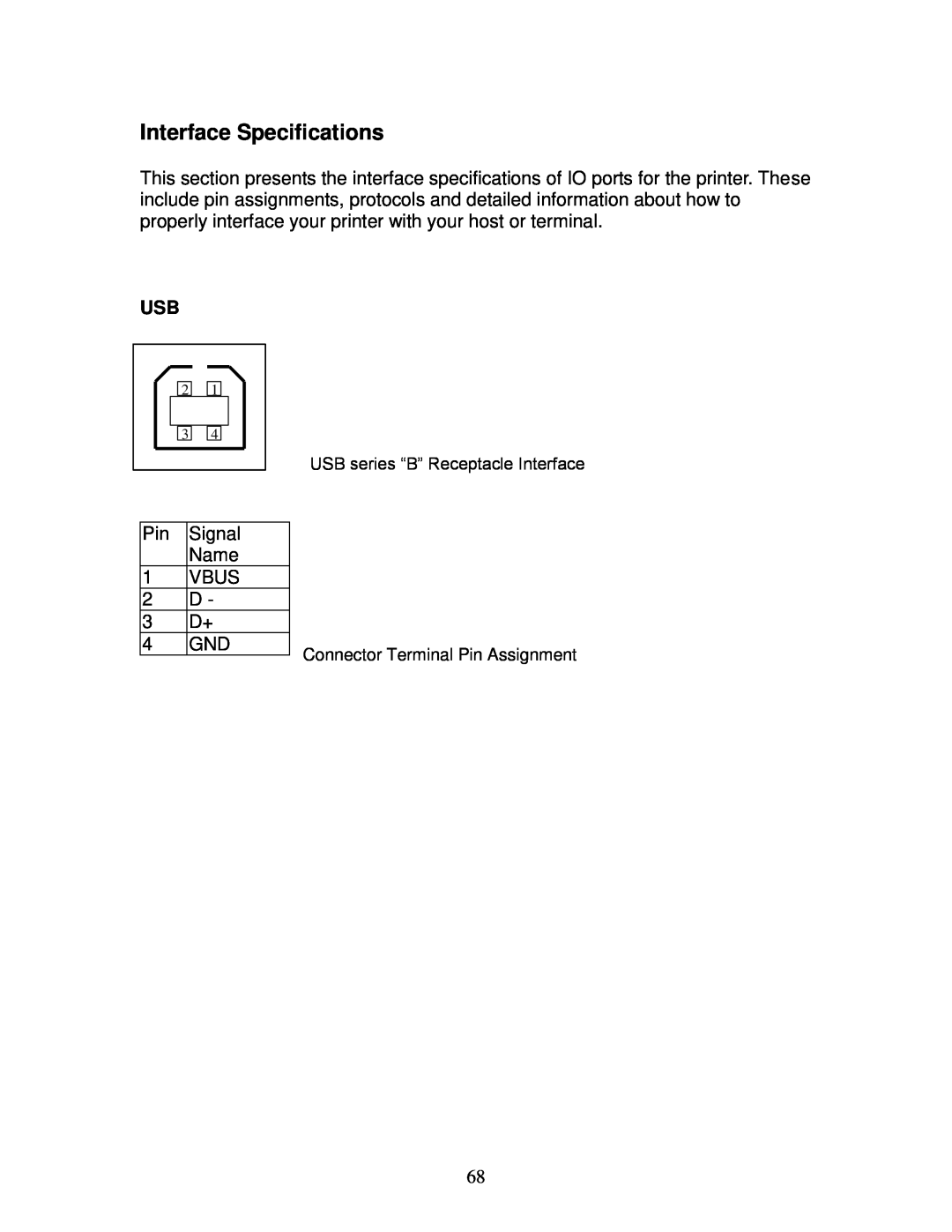 AMT Datasouth 4600 manual Interface Specifications, USB series “B” Receptacle Interface, Connector Terminal Pin Assignment 