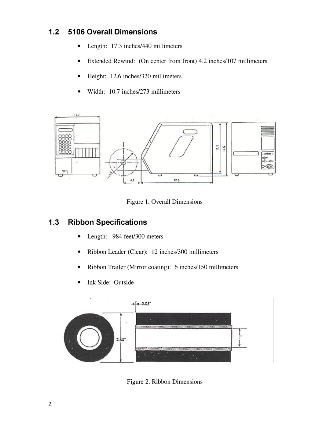 AMT Datasouth 5106 manual Overall Dimensions, Ribbon Specifications 