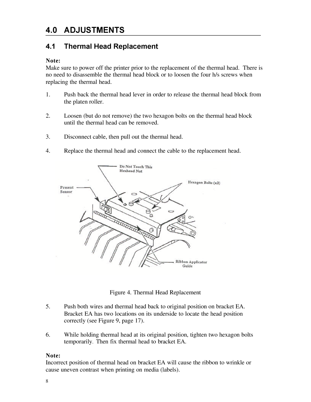 AMT Datasouth 5106 manual Adjustments, Thermal Head Replacement 