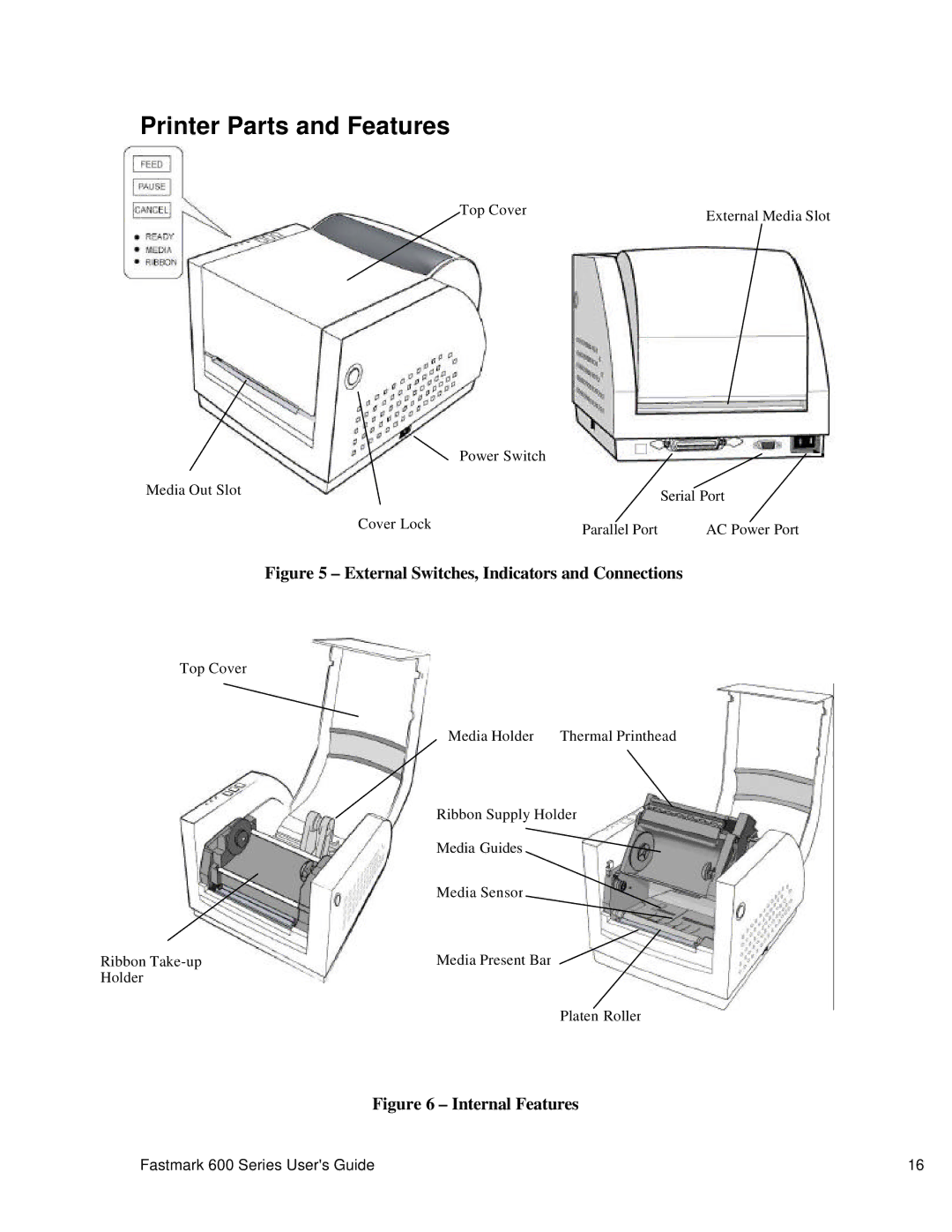 AMT Datasouth 600 manual Printer Parts and Features, External Switches, Indicators and Connections 