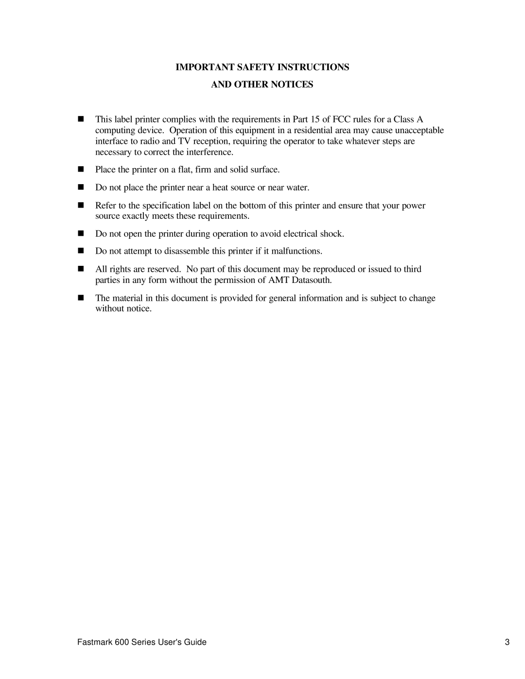 AMT Datasouth 600 manual Important Safety Instructions Other Notices 