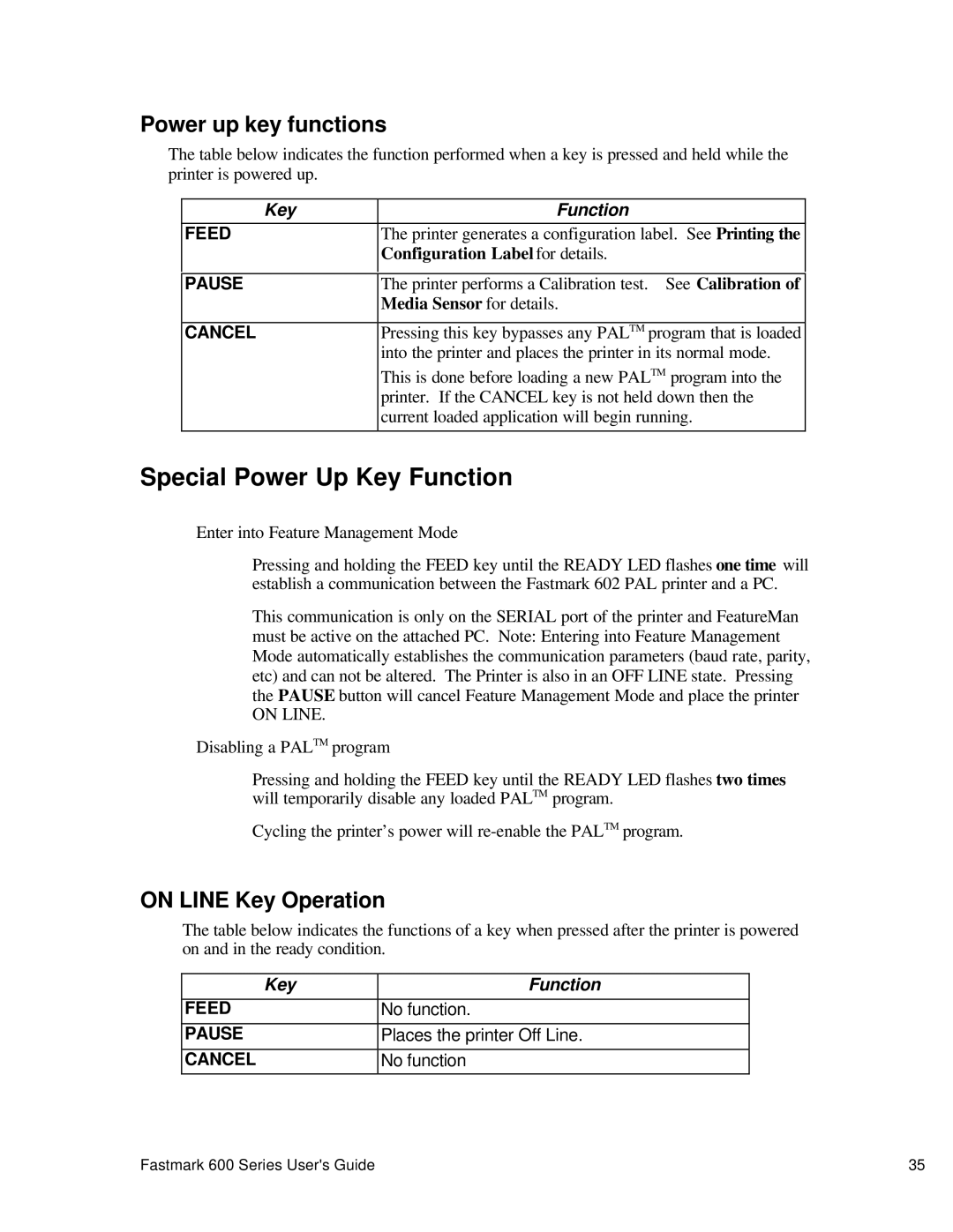 AMT Datasouth 600 manual Special Power Up Key Function, Power up key functions, On Line Key Operation 