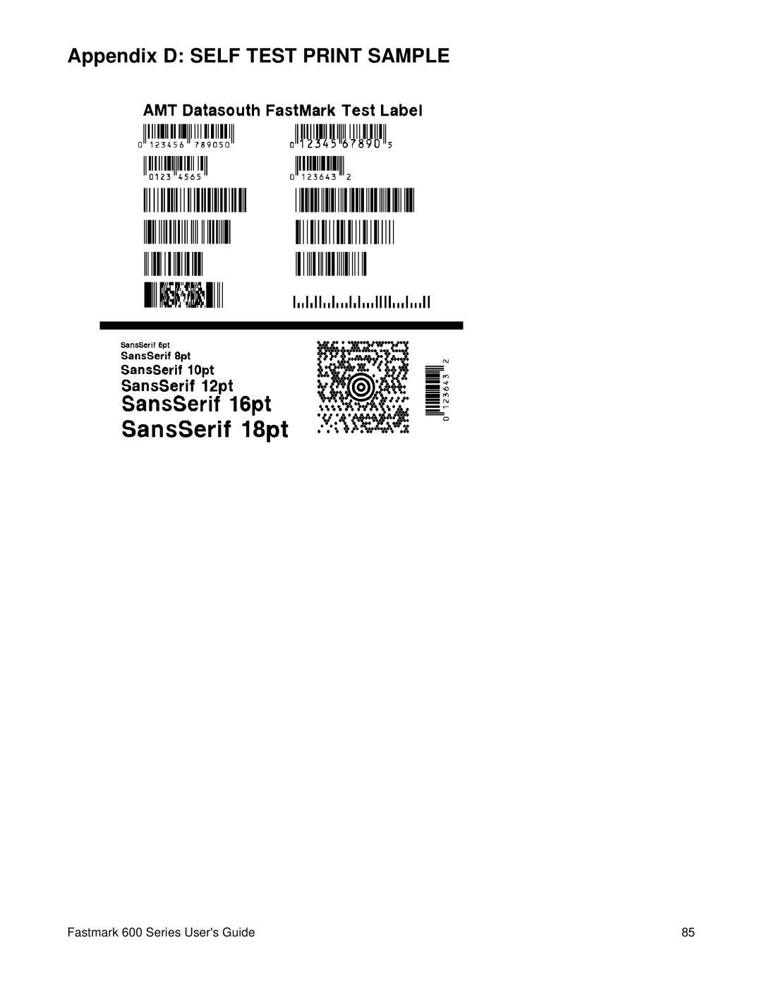 AMT Datasouth 600 manual Appendix D Self Test Print Sample 