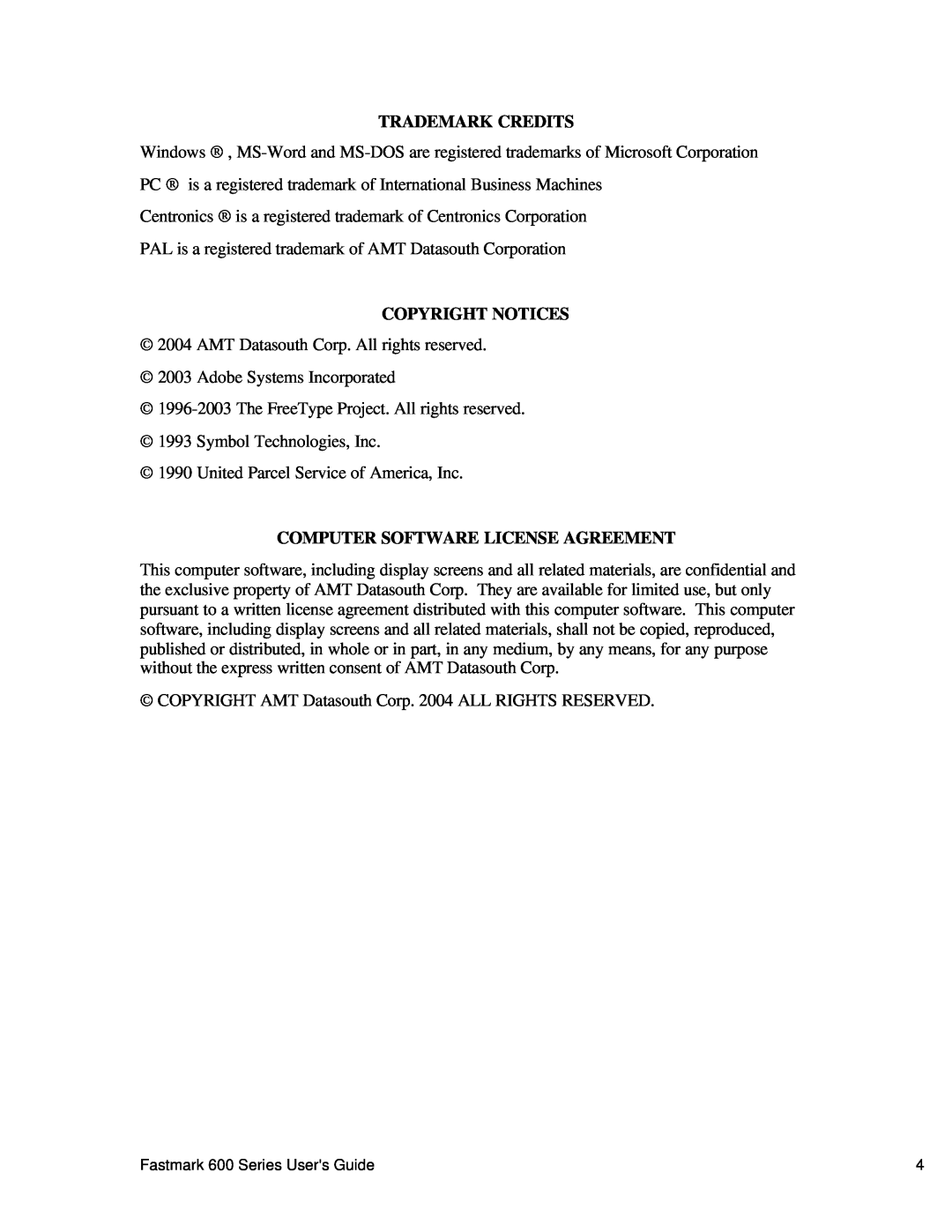 AMT Datasouth 600 manual Trademark Credits, Copyright Notices, Computer Software License Agreement 