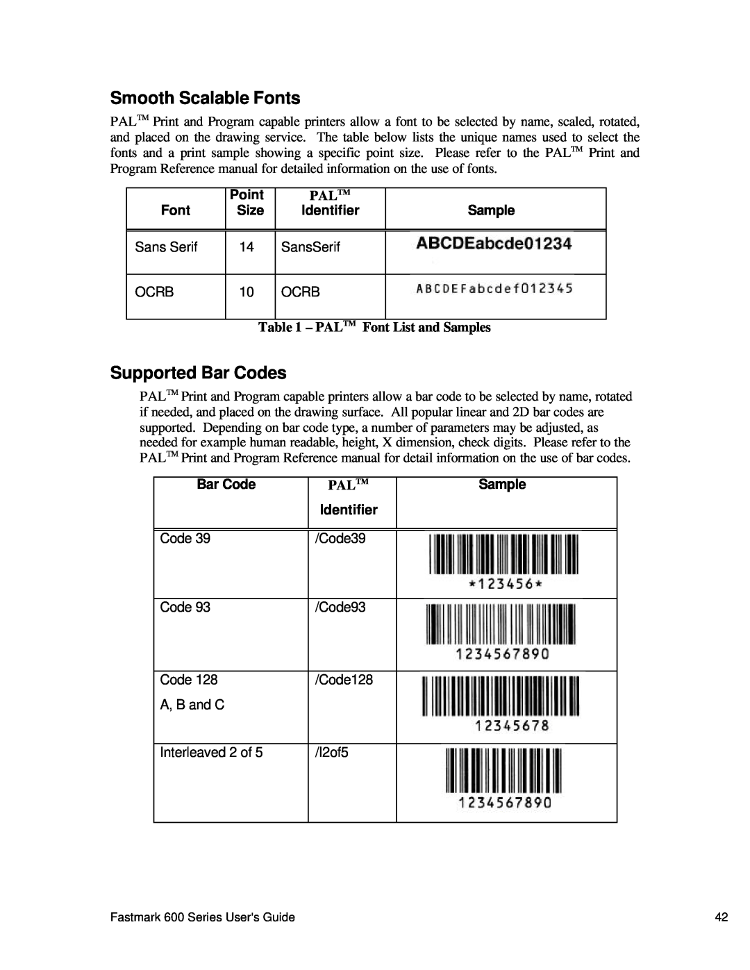 AMT Datasouth 600 manual Smooth Scalable Fonts, Supported Bar Codes, Point, Pal Tm, Size, PAL TM Font List and Samples 