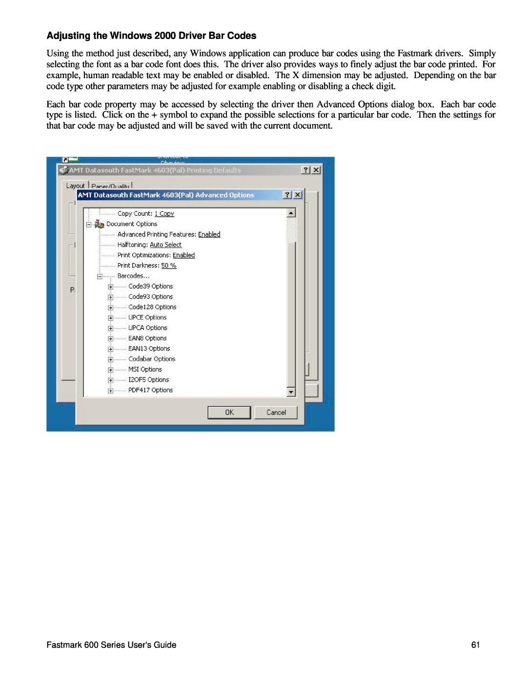 AMT Datasouth 600 manual Adjusting the Windows 2000 Driver Bar Codes 