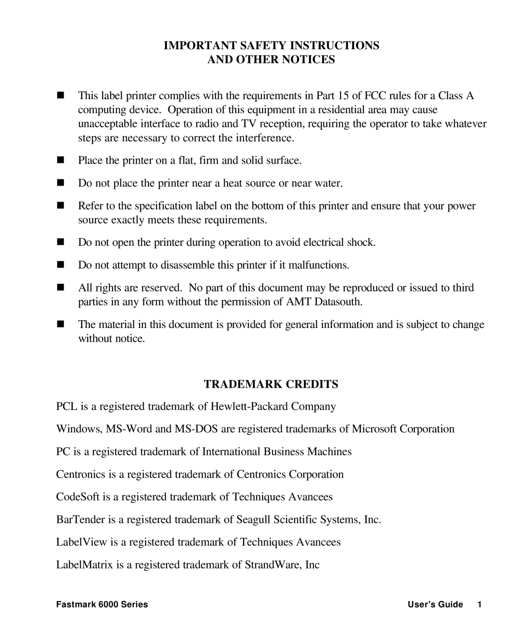 AMT Datasouth 6000 manual Important Safety Instructions Other Notices 