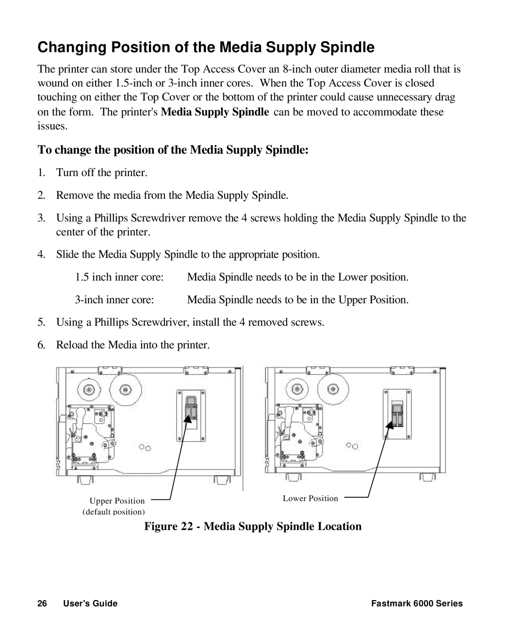 AMT Datasouth 6000 manual Changing Position of the Media Supply Spindle, Media Supply Spindle Location 