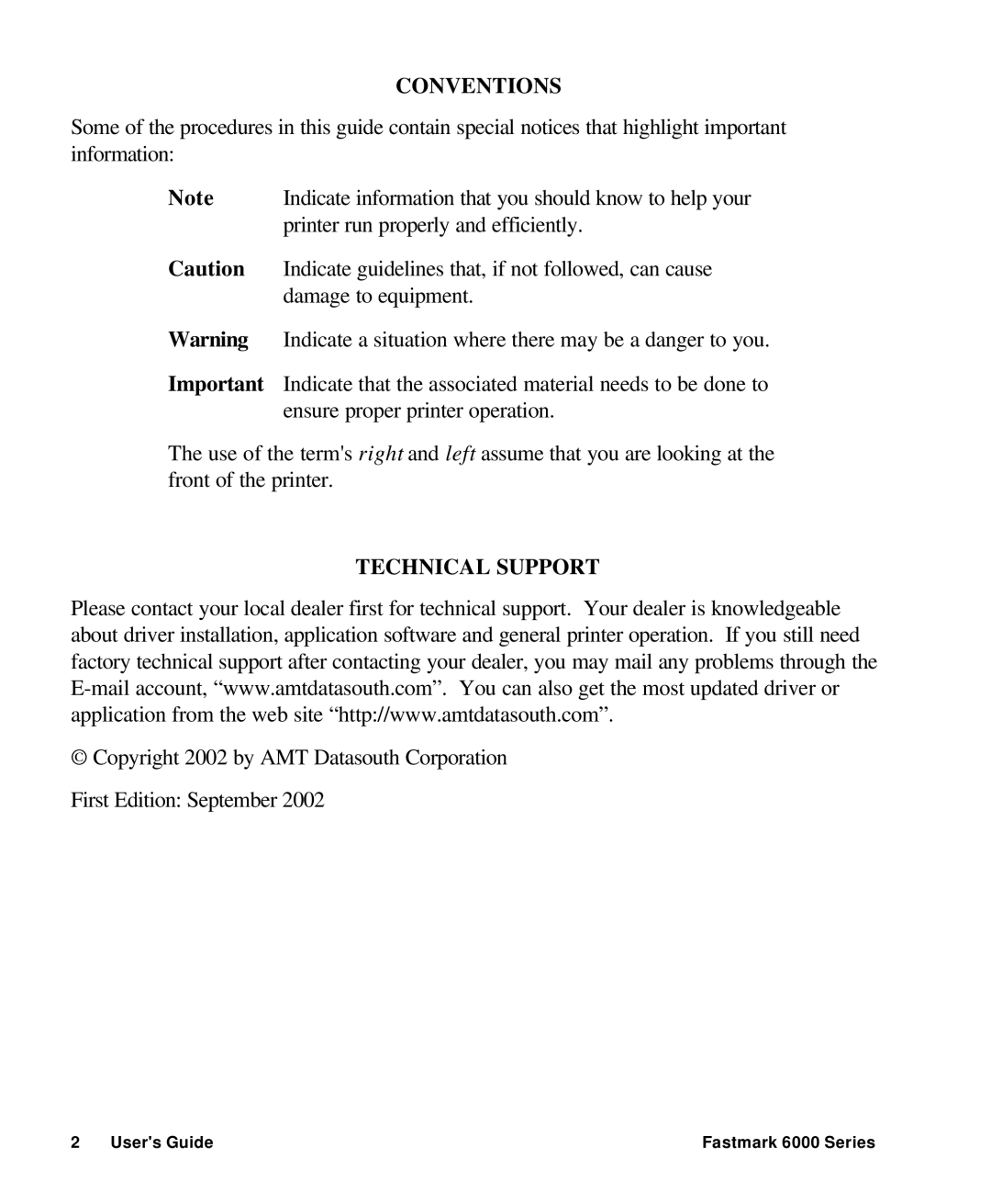 AMT Datasouth 6000 manual Conventions 