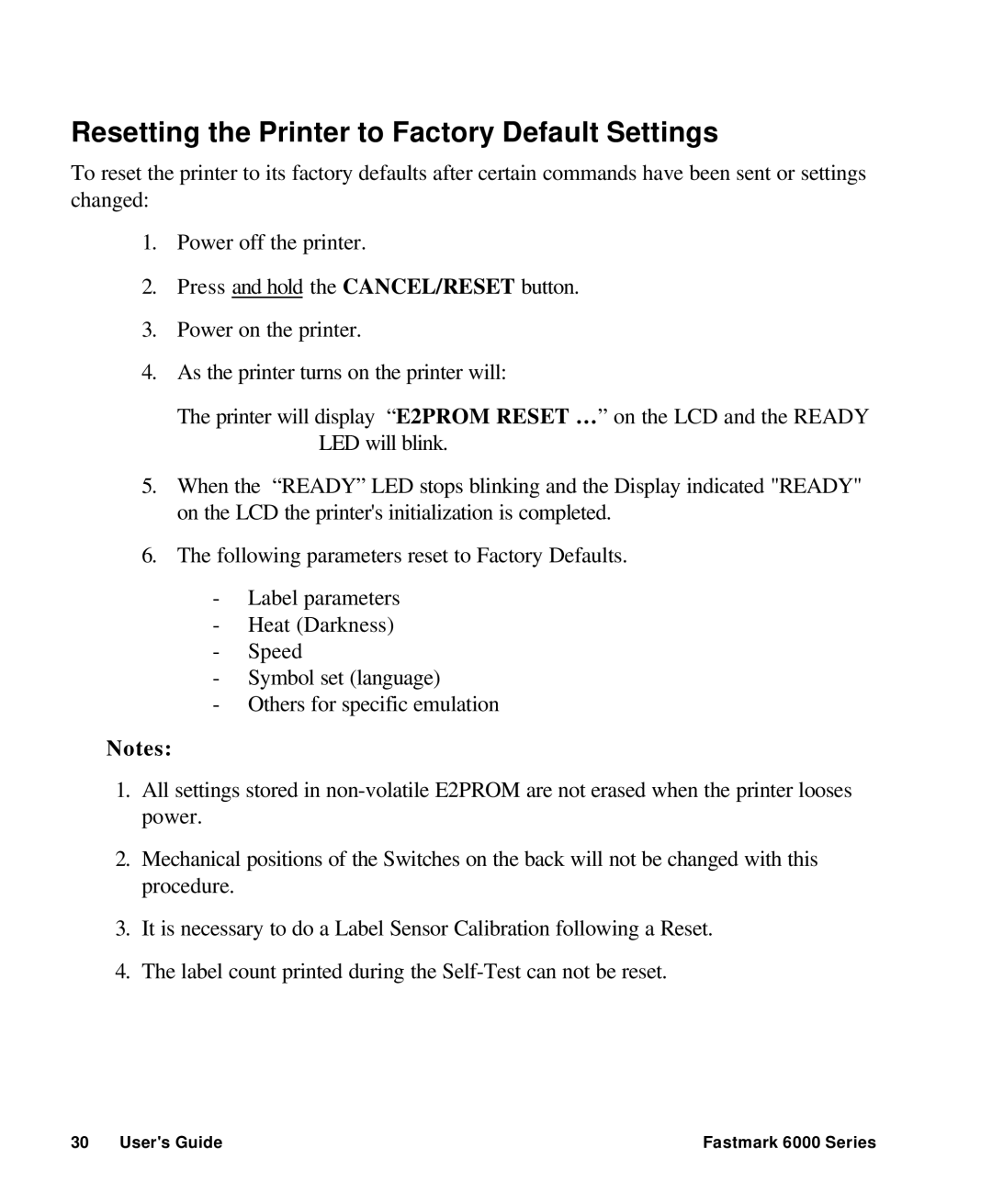 AMT Datasouth 6000 manual Resetting the Printer to Factory Default Settings 