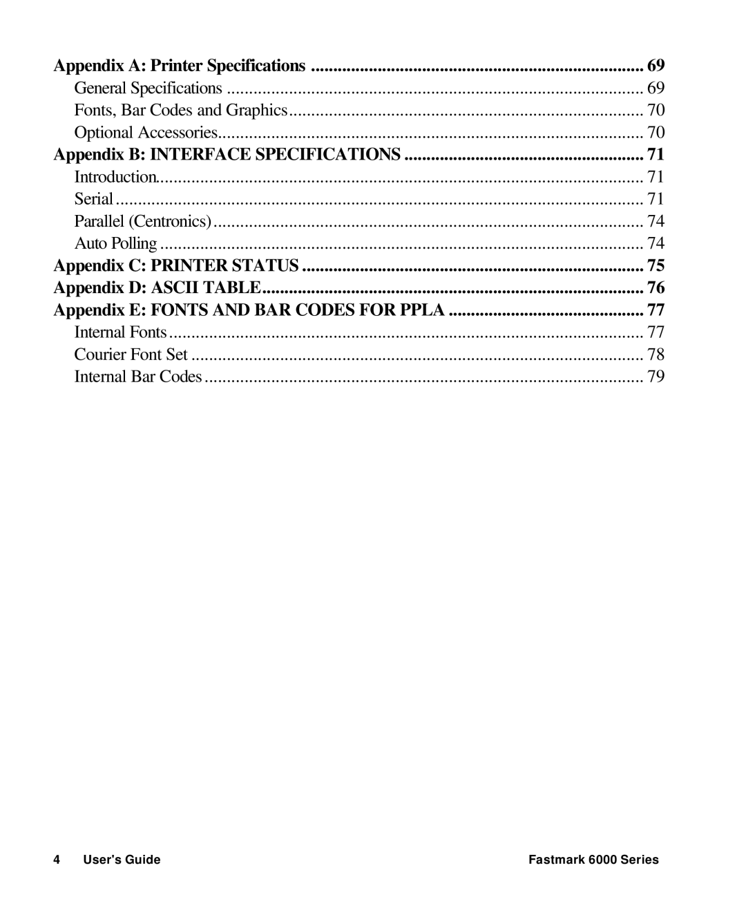 AMT Datasouth 6000 manual Appendix a Printer Specifications, Appendix B Interface Specifications, Appendix C Printer Status 