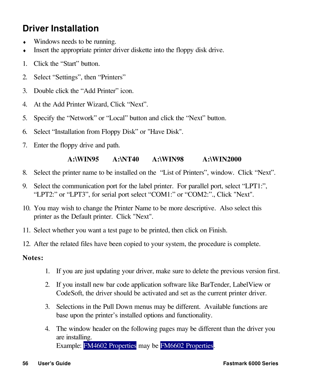 AMT Datasouth 6000 manual Driver Installation, WIN95 A\NT40 A\WIN98 A\WIN2000 