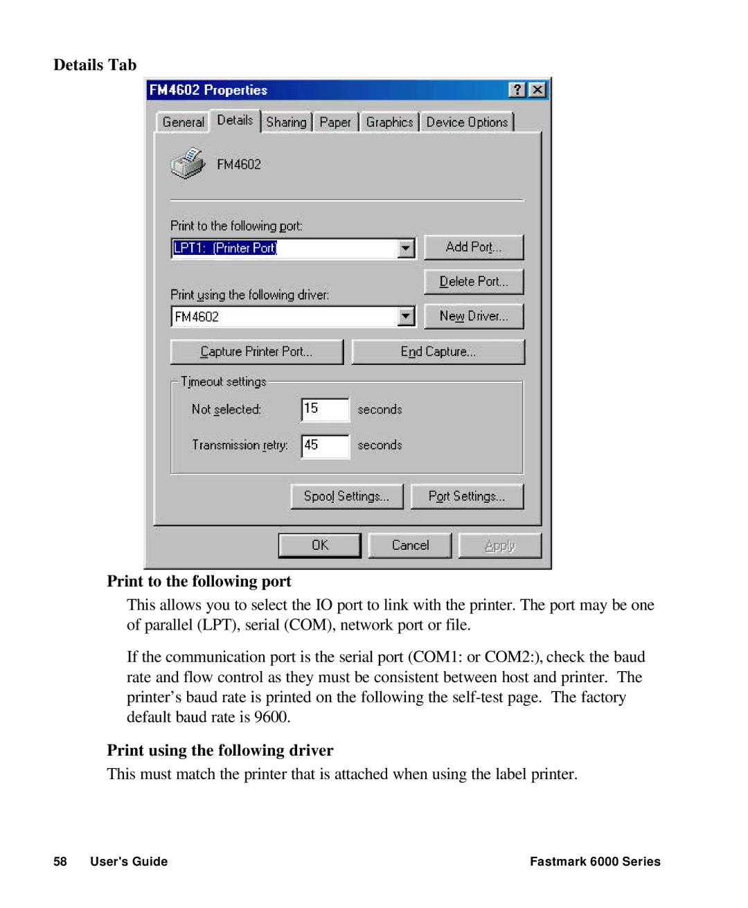 AMT Datasouth 6000 manual Details Tab Print to the following port, Print using the following driver 