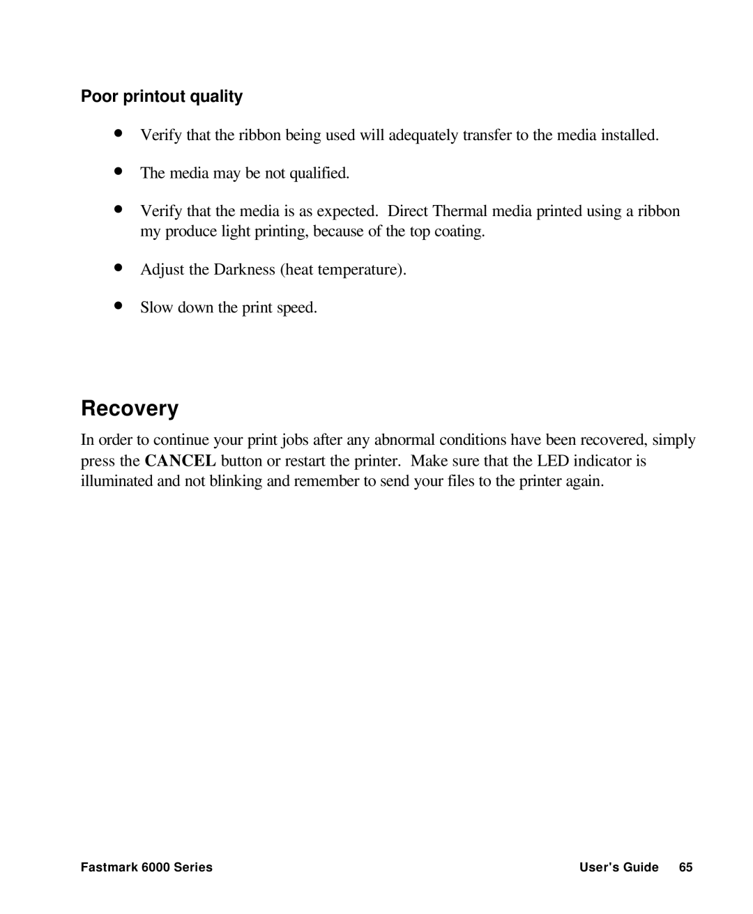 AMT Datasouth 6000 manual Recovery, Poor printout quality 