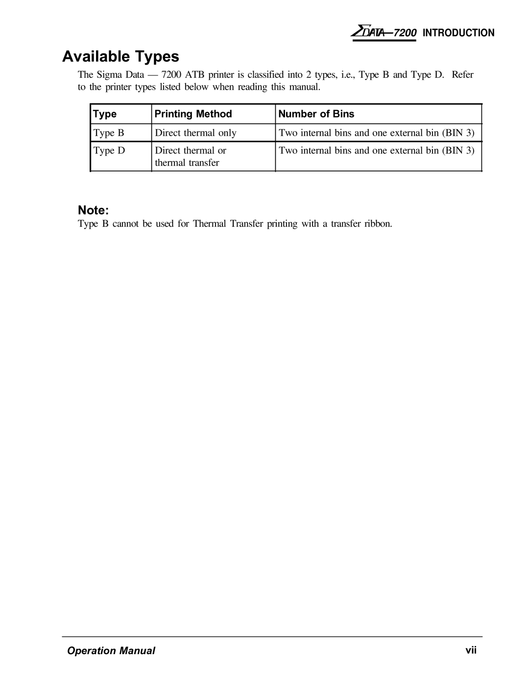 AMT Datasouth 7200 manual Available Types, Type Printing Method Number of Bins 