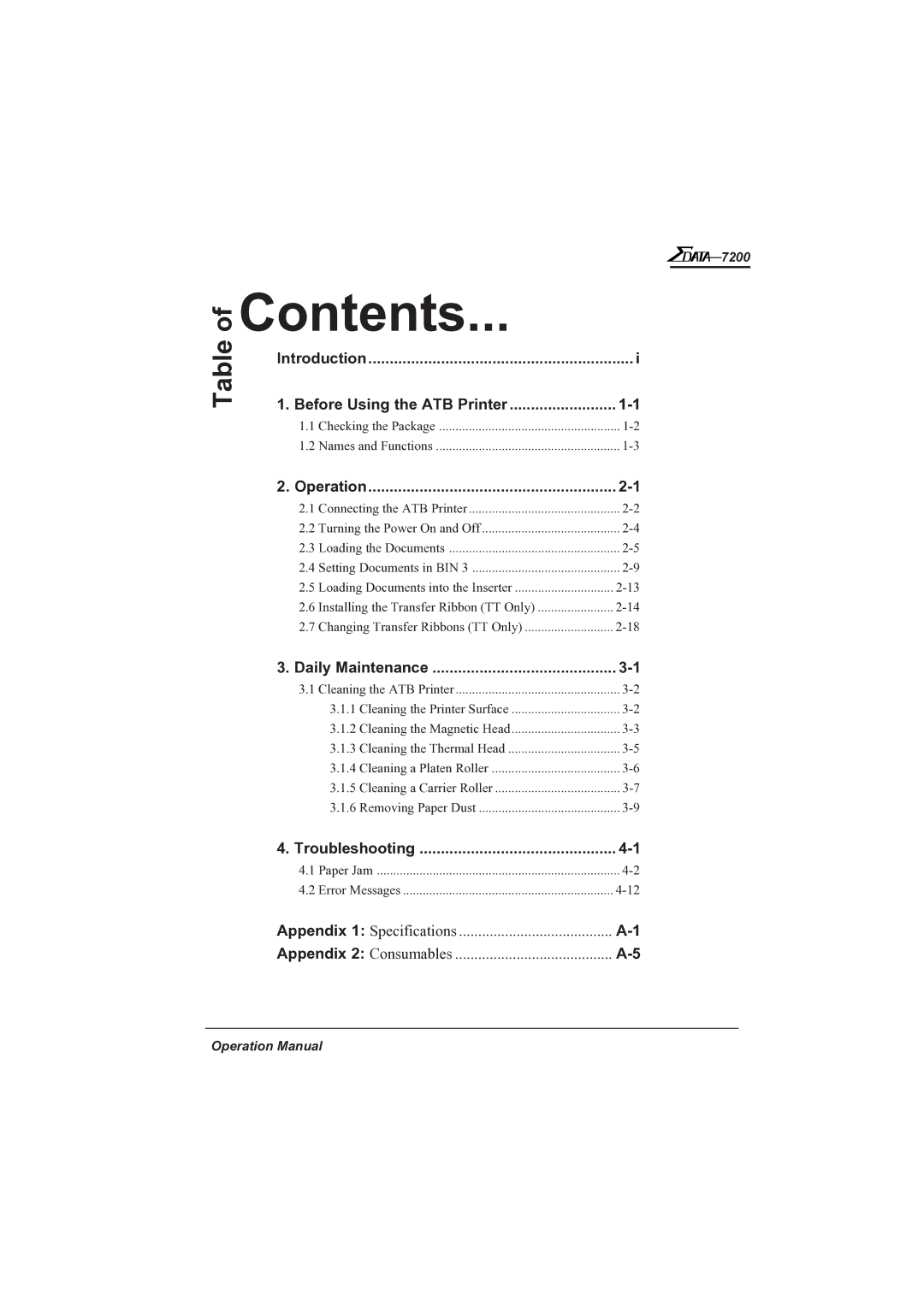 AMT Datasouth 7200 manual Contents 