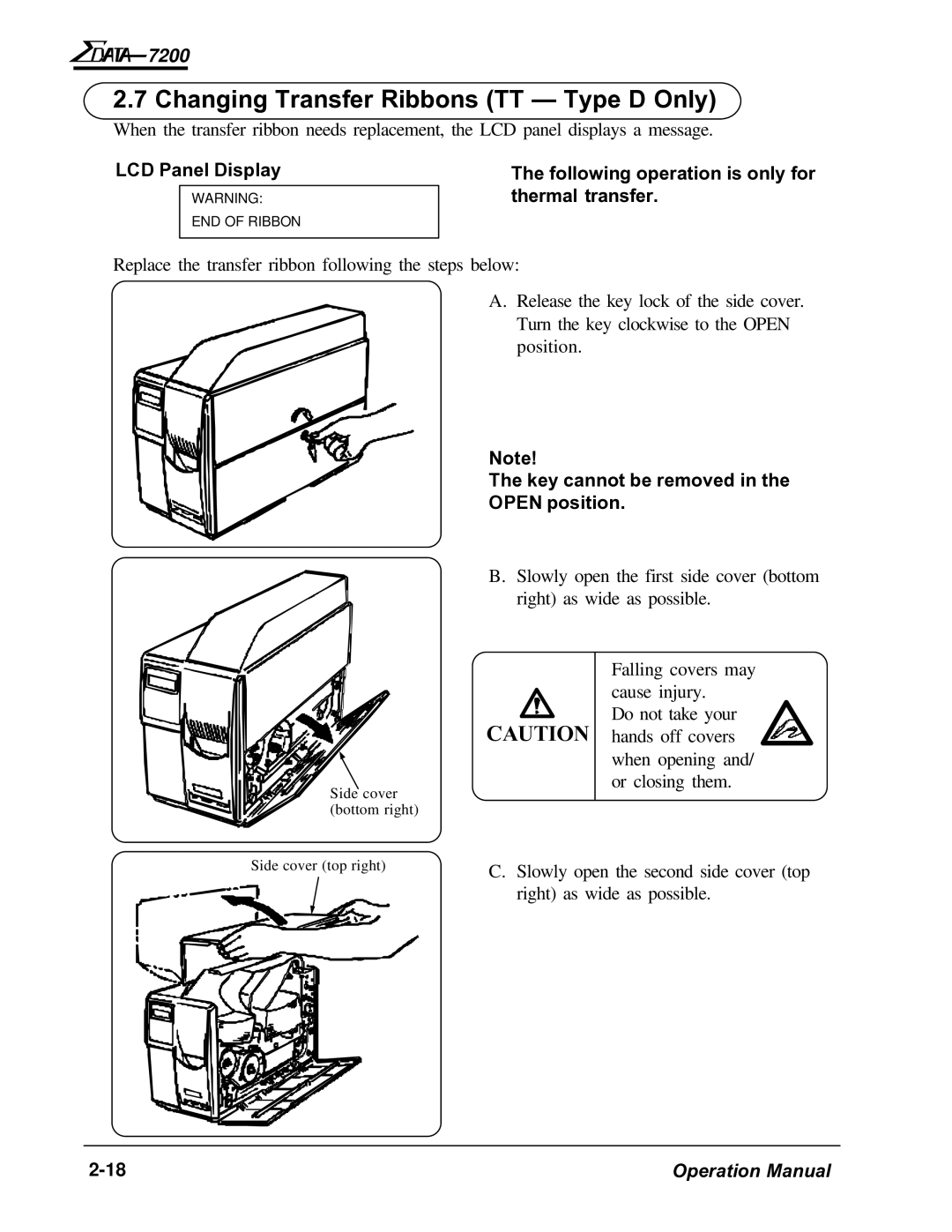 AMT Datasouth 7200 manual Changing Transfer Ribbons TT Type D Only, LCD Panel Display 