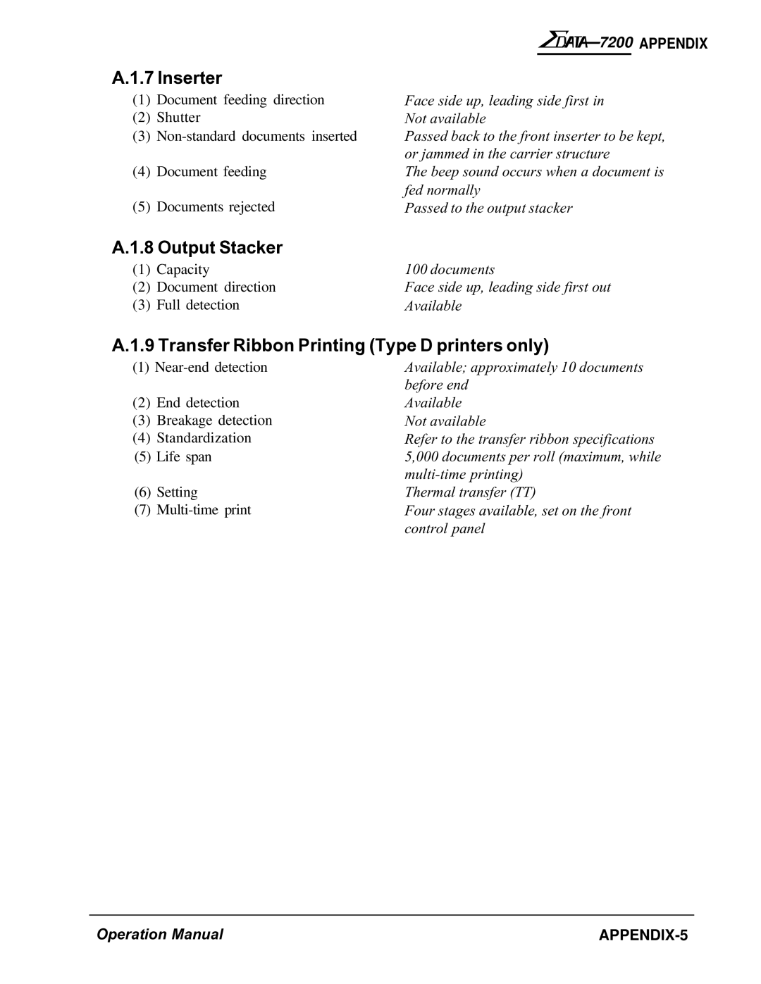 AMT Datasouth 7200 manual Inserter, Output Stacker, Transfer Ribbon Printing Type D printers only 