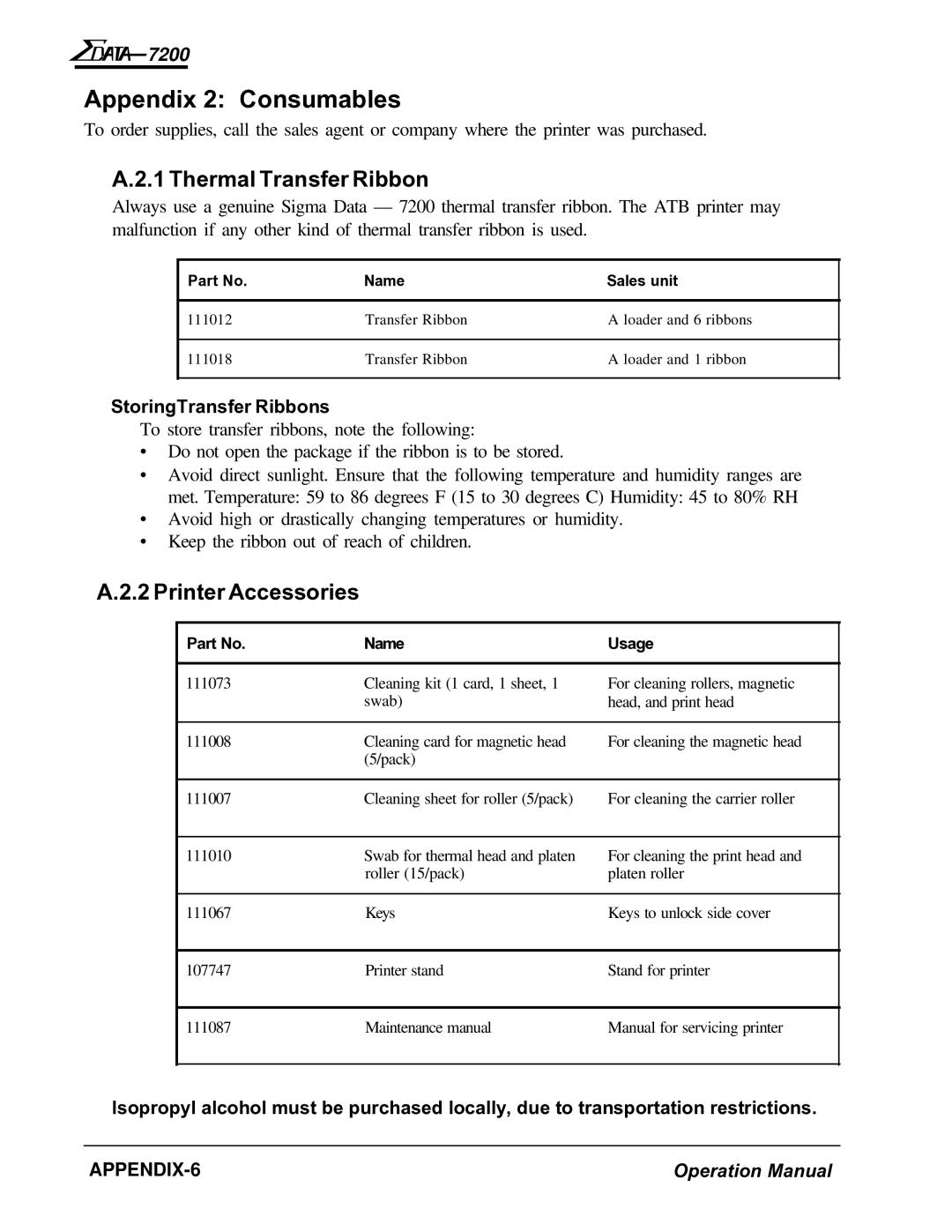 AMT Datasouth 7200 manual Appendix 2 Consumables, Thermal Transfer Ribbon, Printer Accessories, StoringTransfer Ribbons 