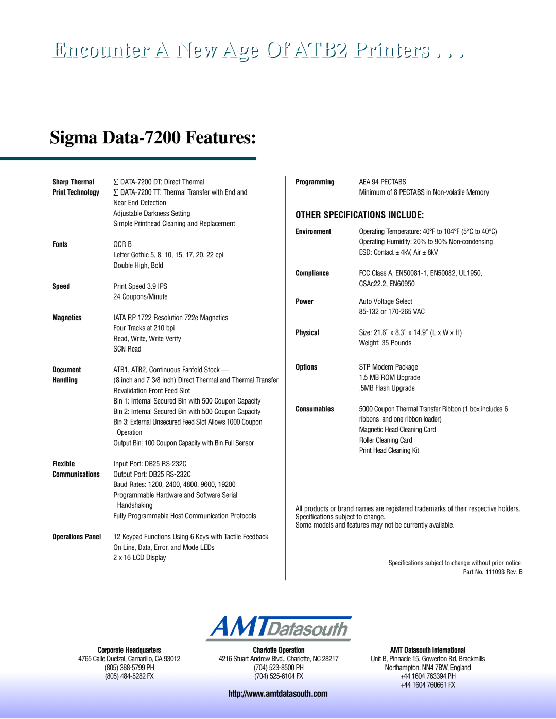 AMT Datasouth Data-7200 Sharp Thermal, Fonts, Speed, Magnetics, Document, Handling, Flexible, Programming, Environment 