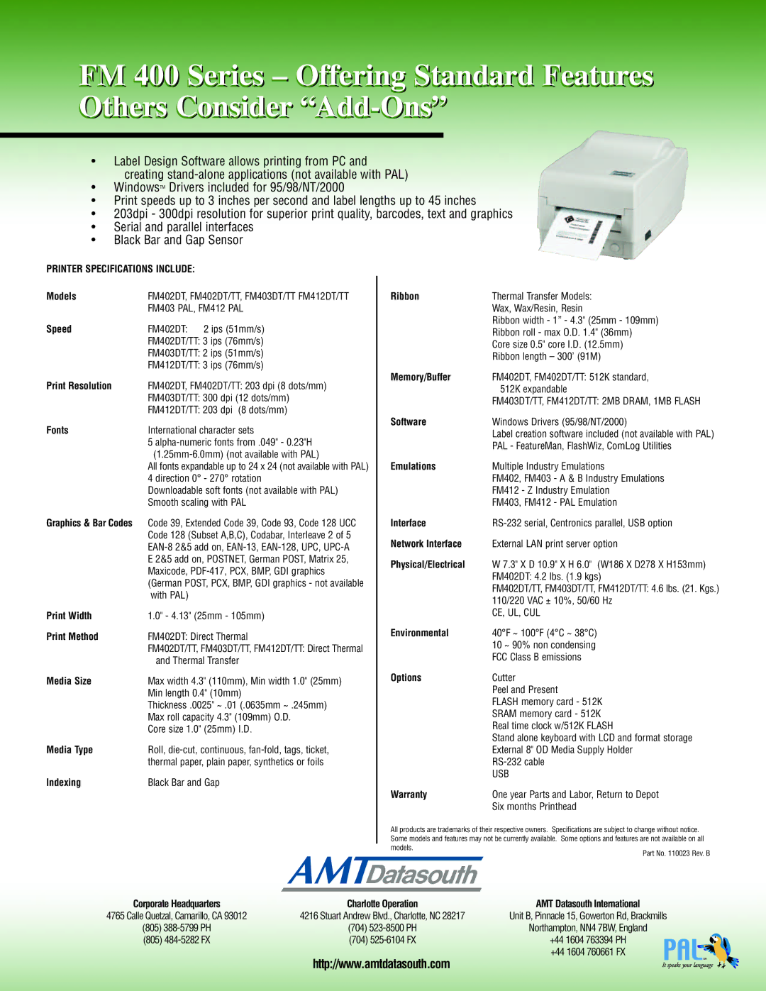 AMT Datasouth FM402DT Models, Speed, Print Resolution, Fonts, Print Width, Print Method, Media Size, Media Type, Indexing 