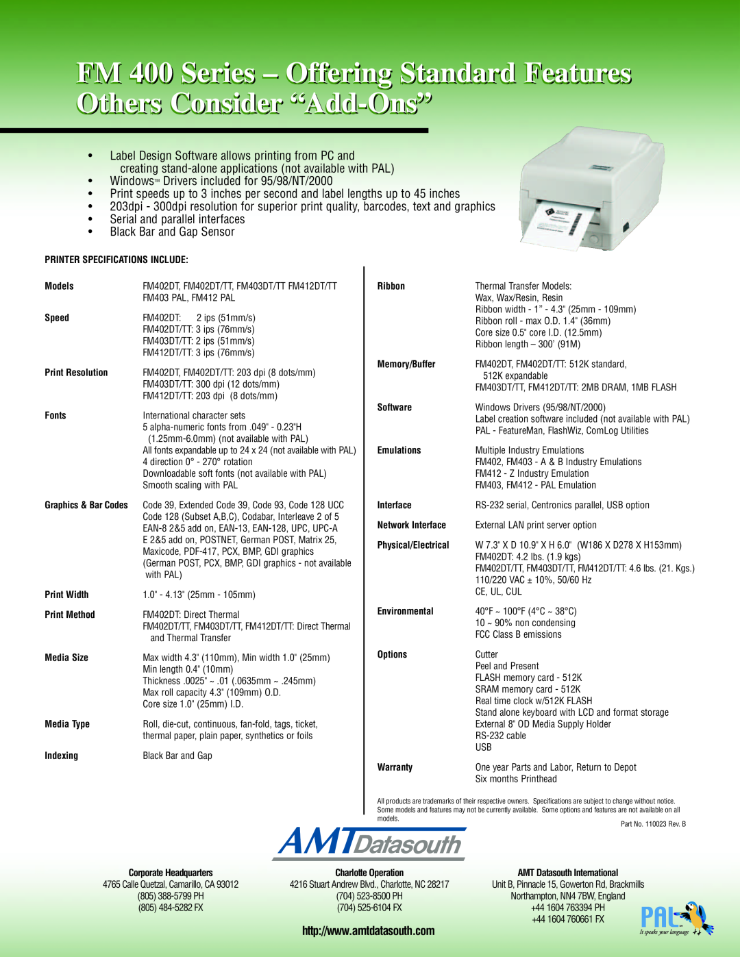 AMT Datasouth FM412 PAL, FM402DT/TT, FM403DT/TT FM 400 Series - Offering Standard Features Others Consider “Add-Ons” 