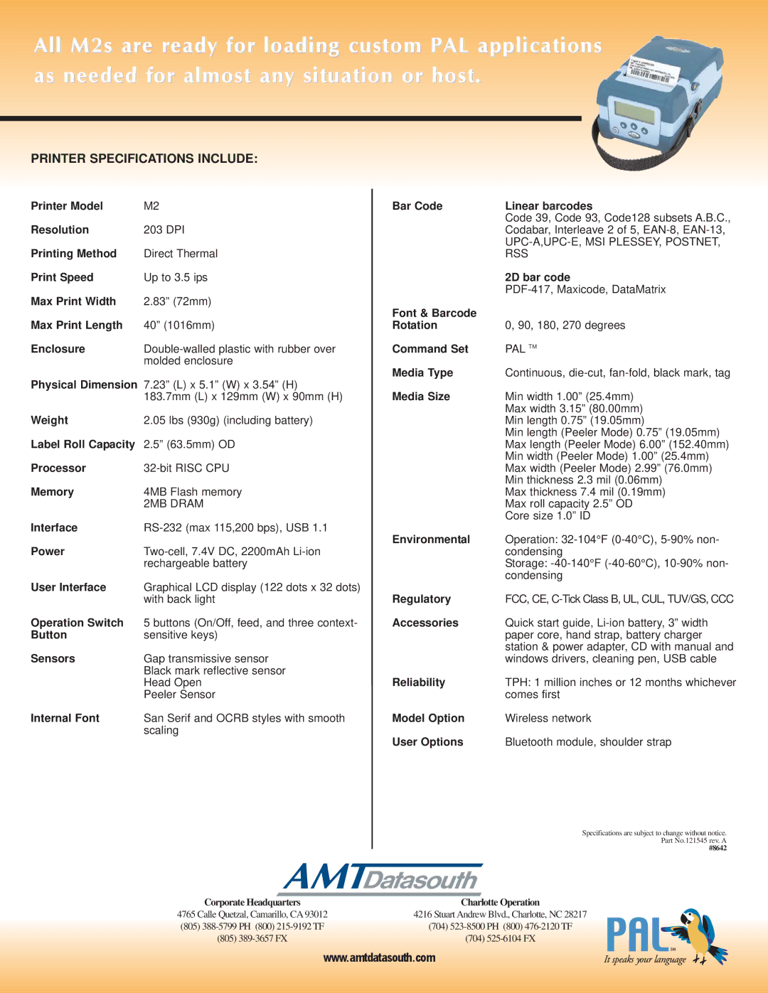 AMT Datasouth M2 Series manual Printer Model Bar Code Linear barcodes Resolution, Printing Method, Print Speed, 2D bar code 