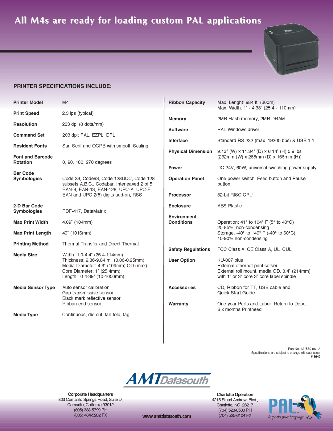 AMT Datasouth M4 Series Printer Model Ribbon Capacity, Print Speed, Memory, Resolution, Software, Command Set, Interface 