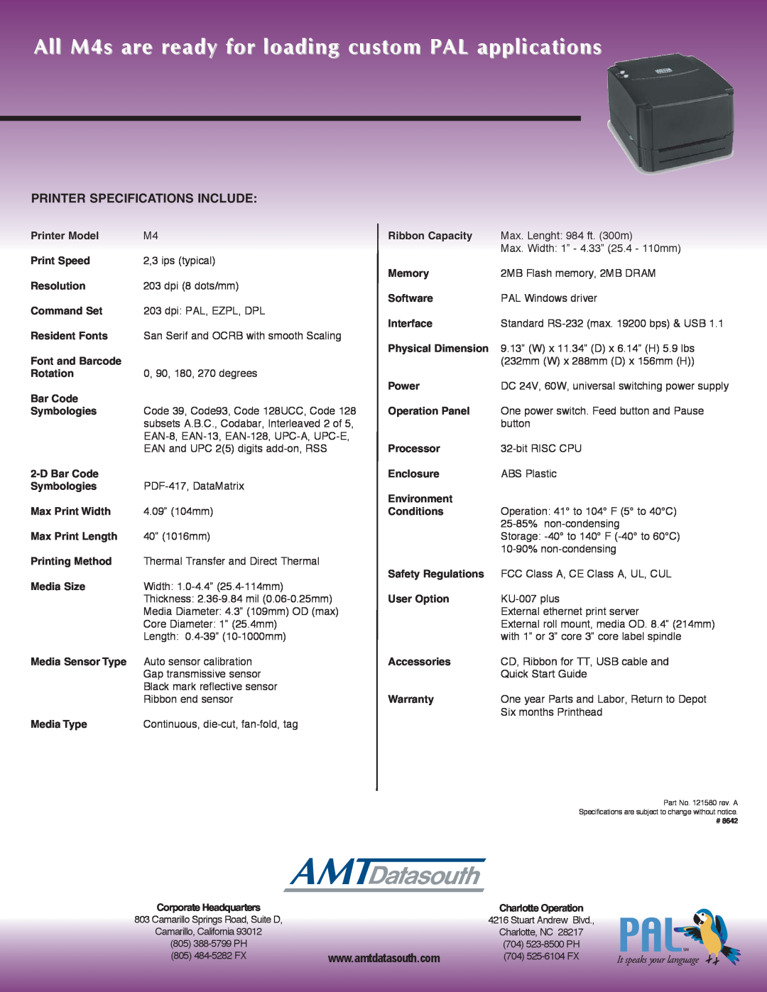 AMT Datasouth M4 Series manual All M4s are ready for loading custom PAL applications, Printer Specifications Include 