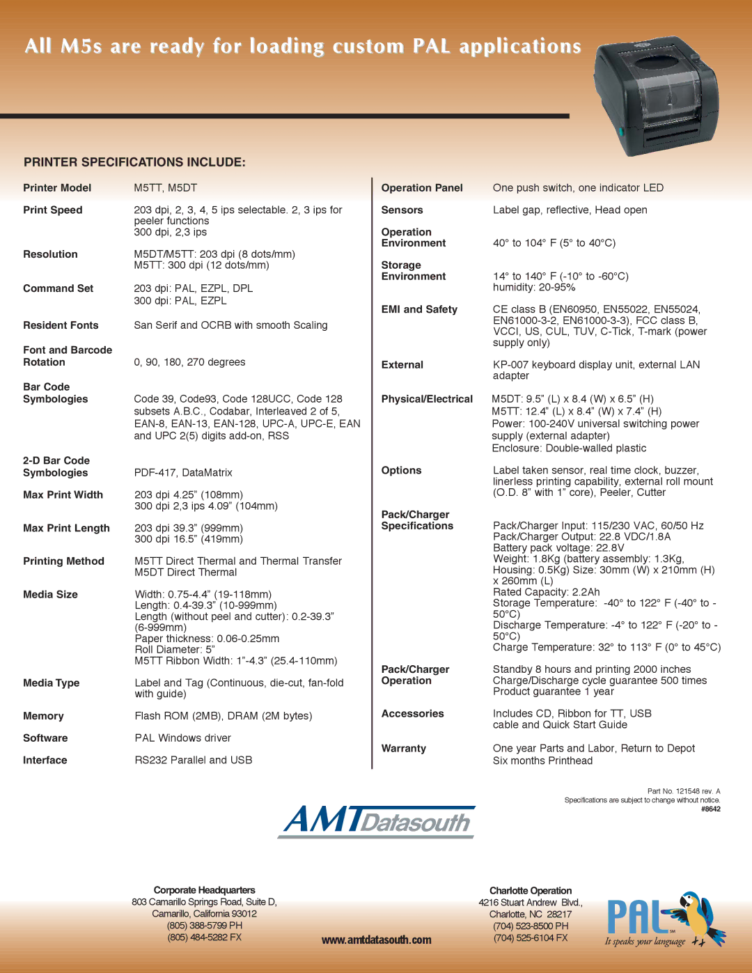 AMT Datasouth M5TT Printer Model, Print Speed, Resolution, Command Set, Resident Fonts, Font and Barcode, Rotation, Memory 