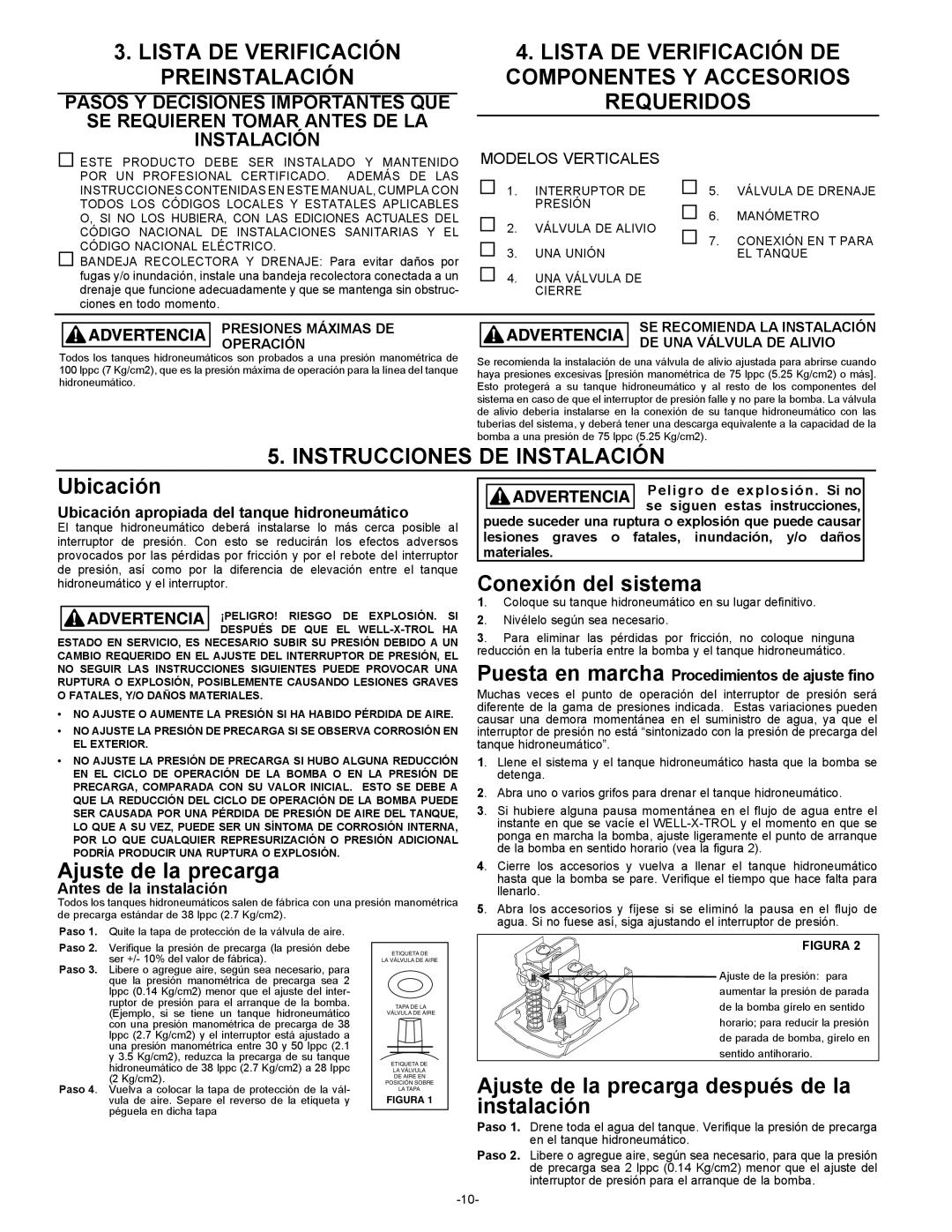 Amtrol 100 PSIG warranty Lista DE Verificación Preinstalación, Instrucciones DE Instalación 