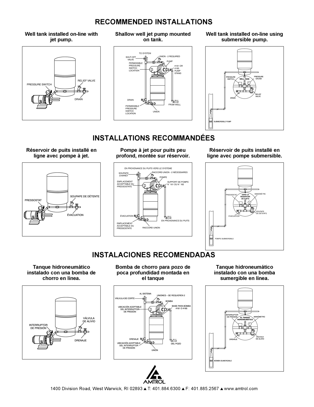 Amtrol 100 PSIG warranty Recommended Installations, Installations Recommandées, Well tank installed on-line with Jet pump 