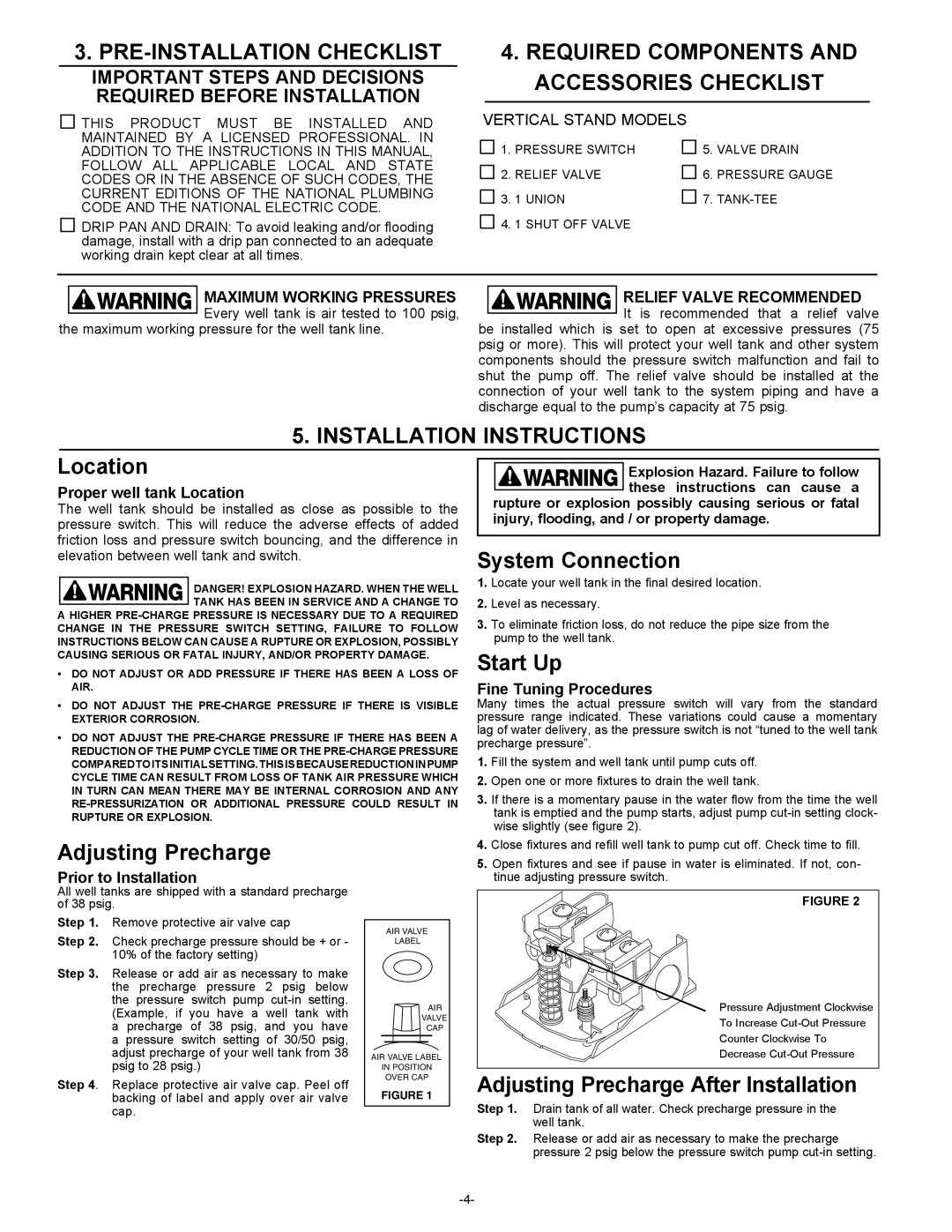 Amtrol 100 PSIG PRE-INSTALLATION Checklist, Required Components and Accessories Checklist, Installation Instructions 