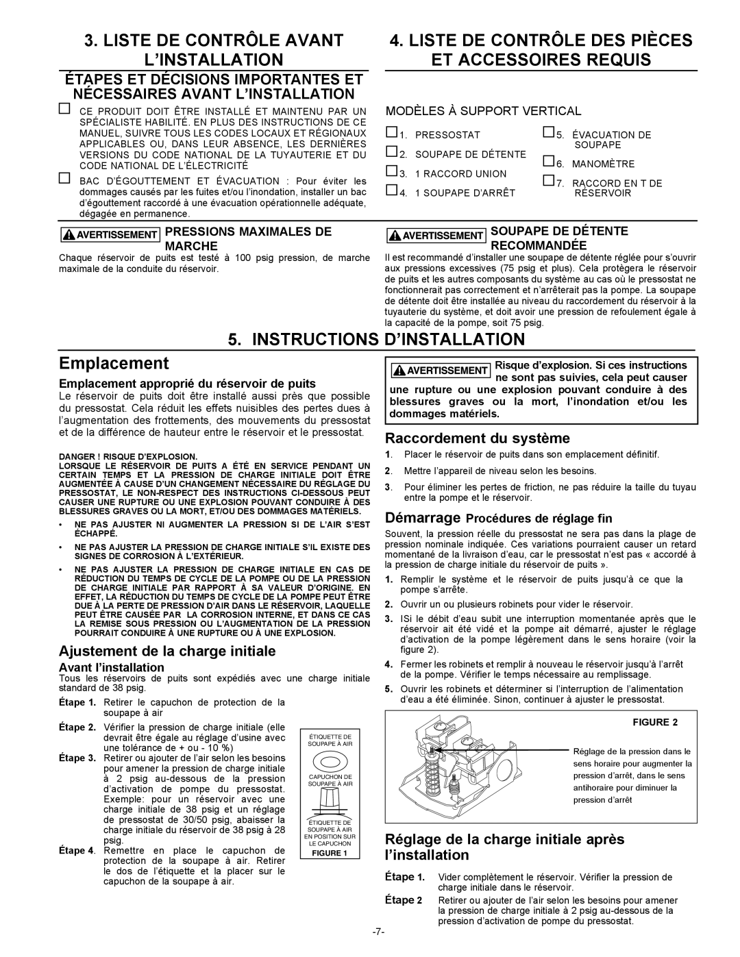 Amtrol 100 PSIG warranty Liste DE Contrôle Avant ’INSTALLATION, Instructions D’INSTALLATION, Emplacement 