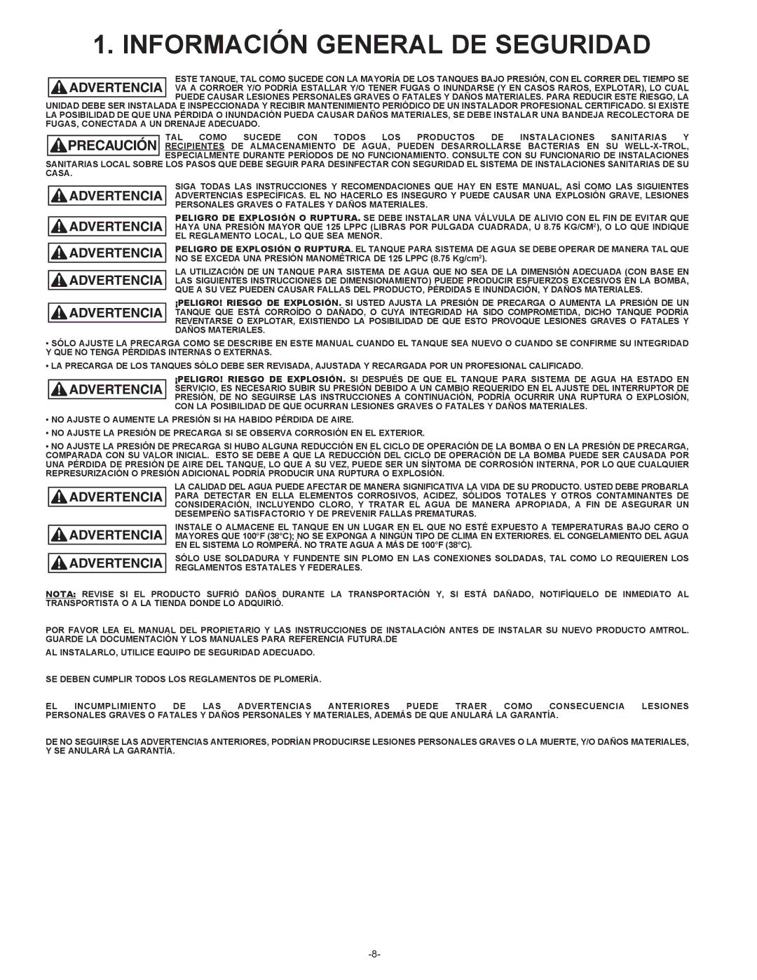 Amtrol 100 PSIG warranty Información General DE Seguridad 