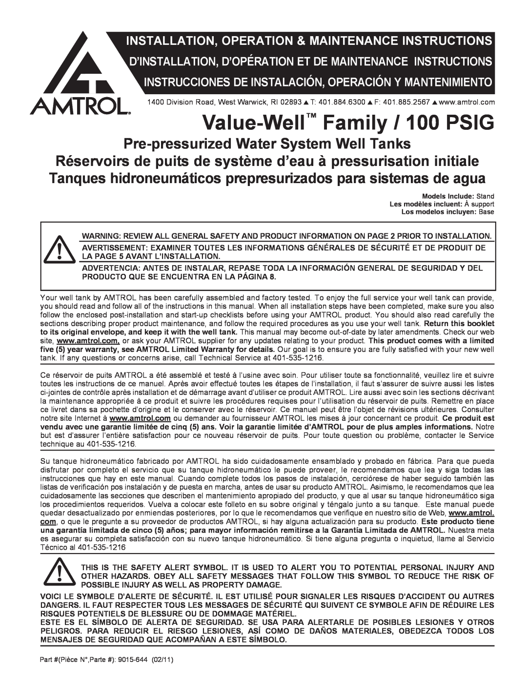 Amtrol warranty Value-Well Family / 100 PSIG, Pre-pressurized Water System Well Tanks 