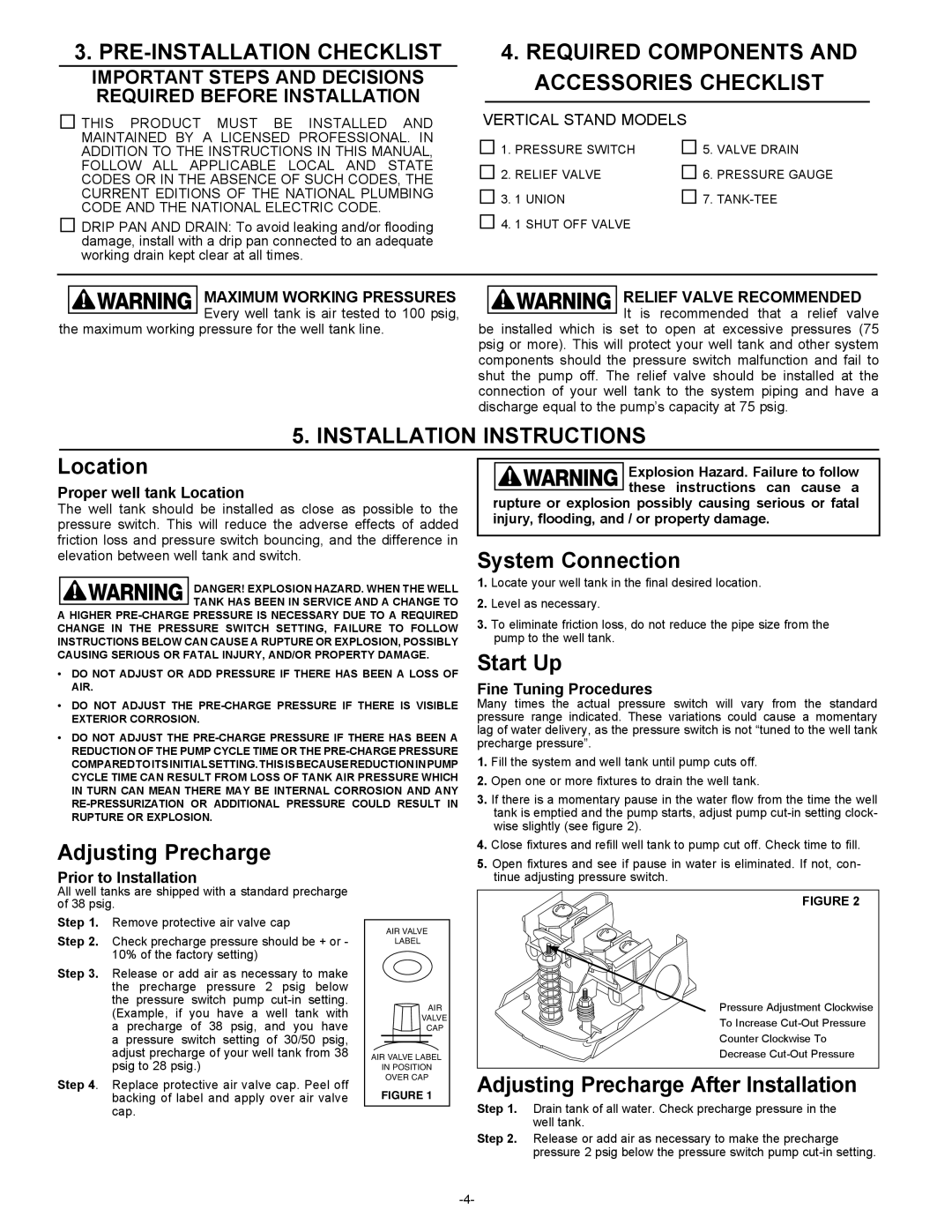 Amtrol 100 PSIG Pre-Installation Checklist, Required Components And Accessories Checklist, Installation Instructions 