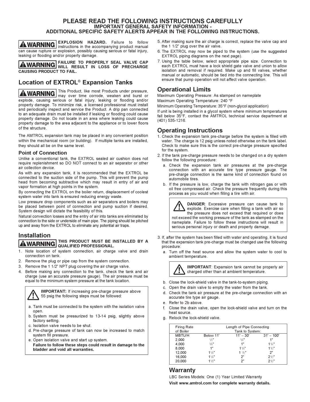 Amtrol 600-LBC, 35-LBC warranty Please Read the Following Instructions Carefully 