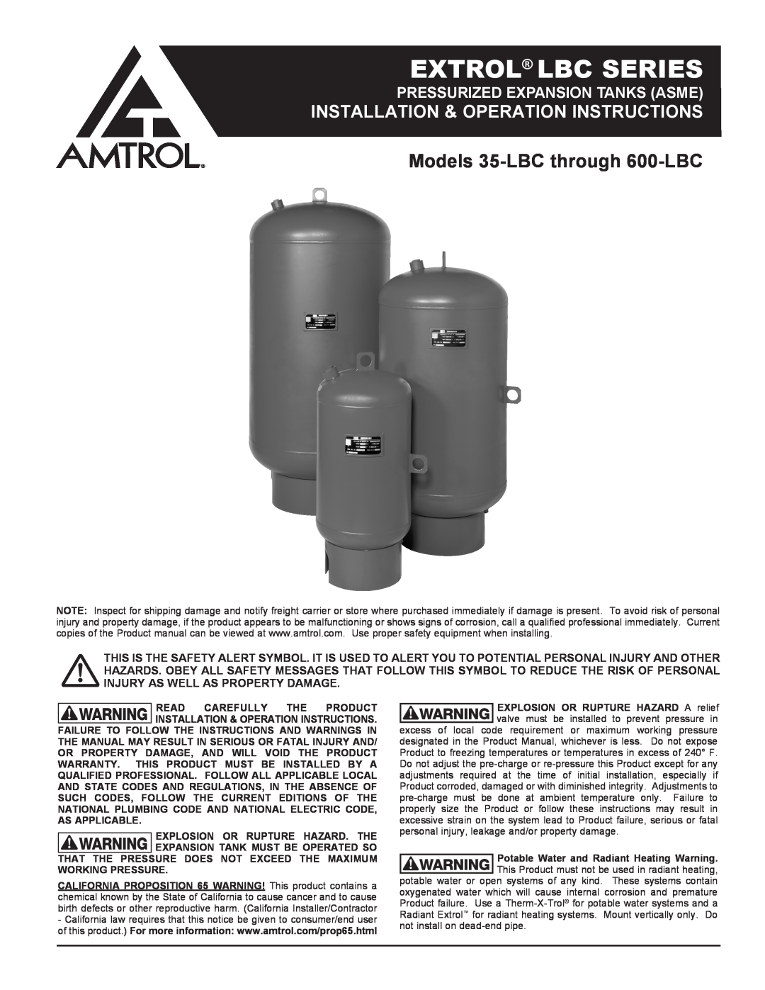 Amtrol warranty Models 35-LBC through 600-LBC, Extrol Lbc Series, Installation & Operation Instructions 