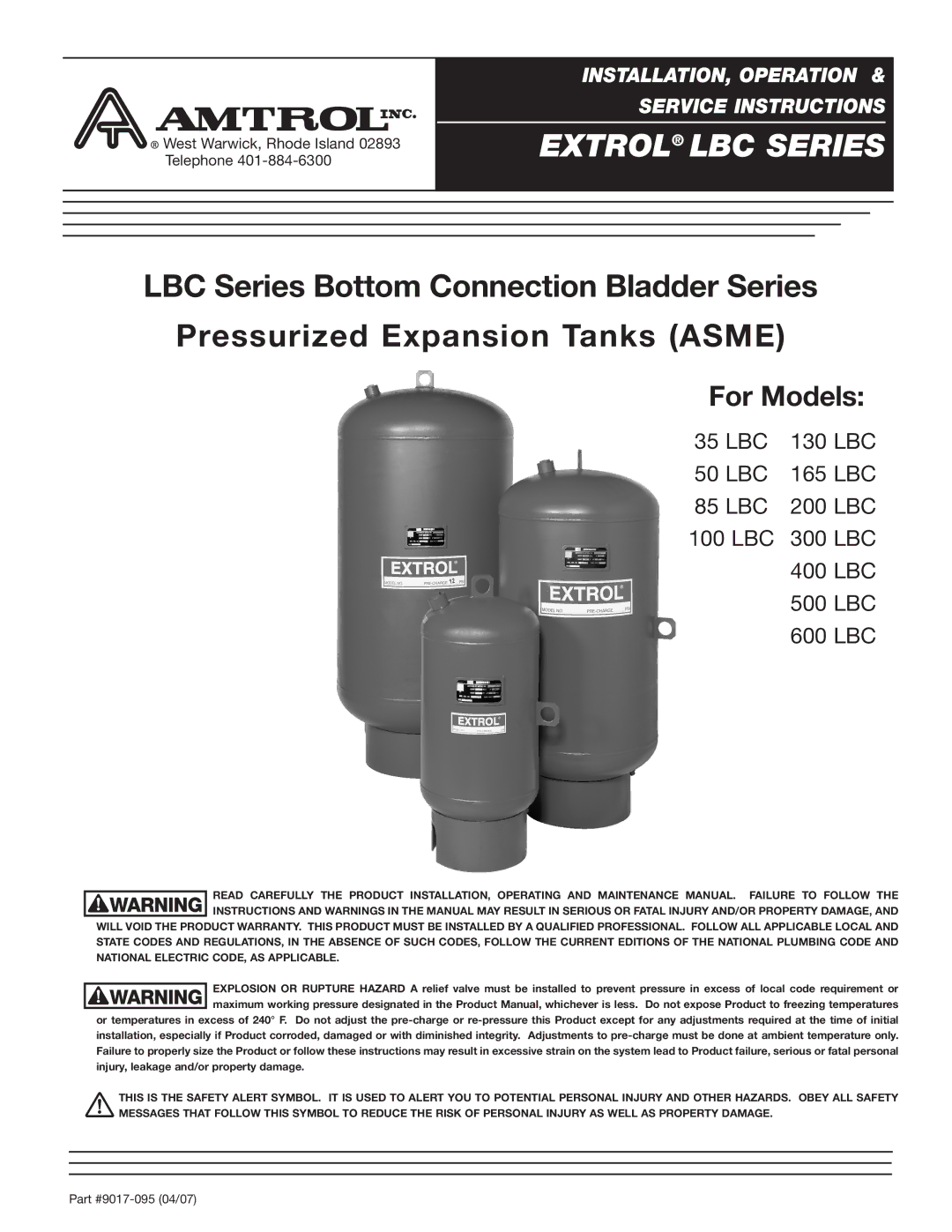 Amtrol 50 LBC, 85 LBC, 35 LBC, 100 LBC warranty Extrol LBC Series 