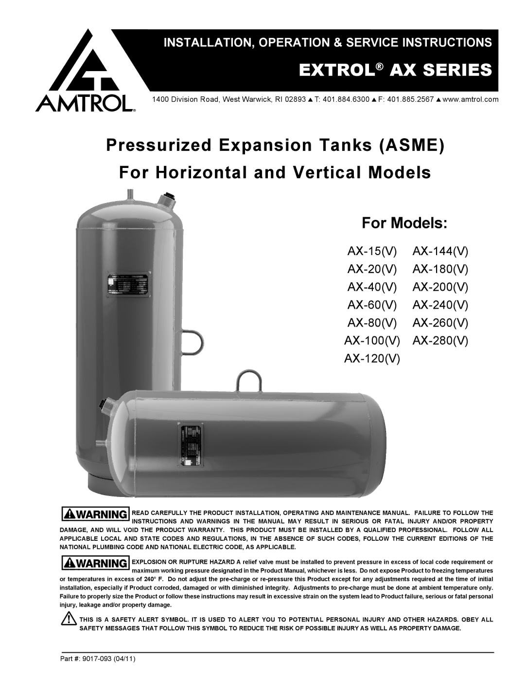 Amtrol AX-40(V), AX-260(V), AX-280(V), AX-240(V), AX-144(V), AX-60(V), AX-200(V), AX-15(V), AX-120(V) warranty Extrol AX Series 