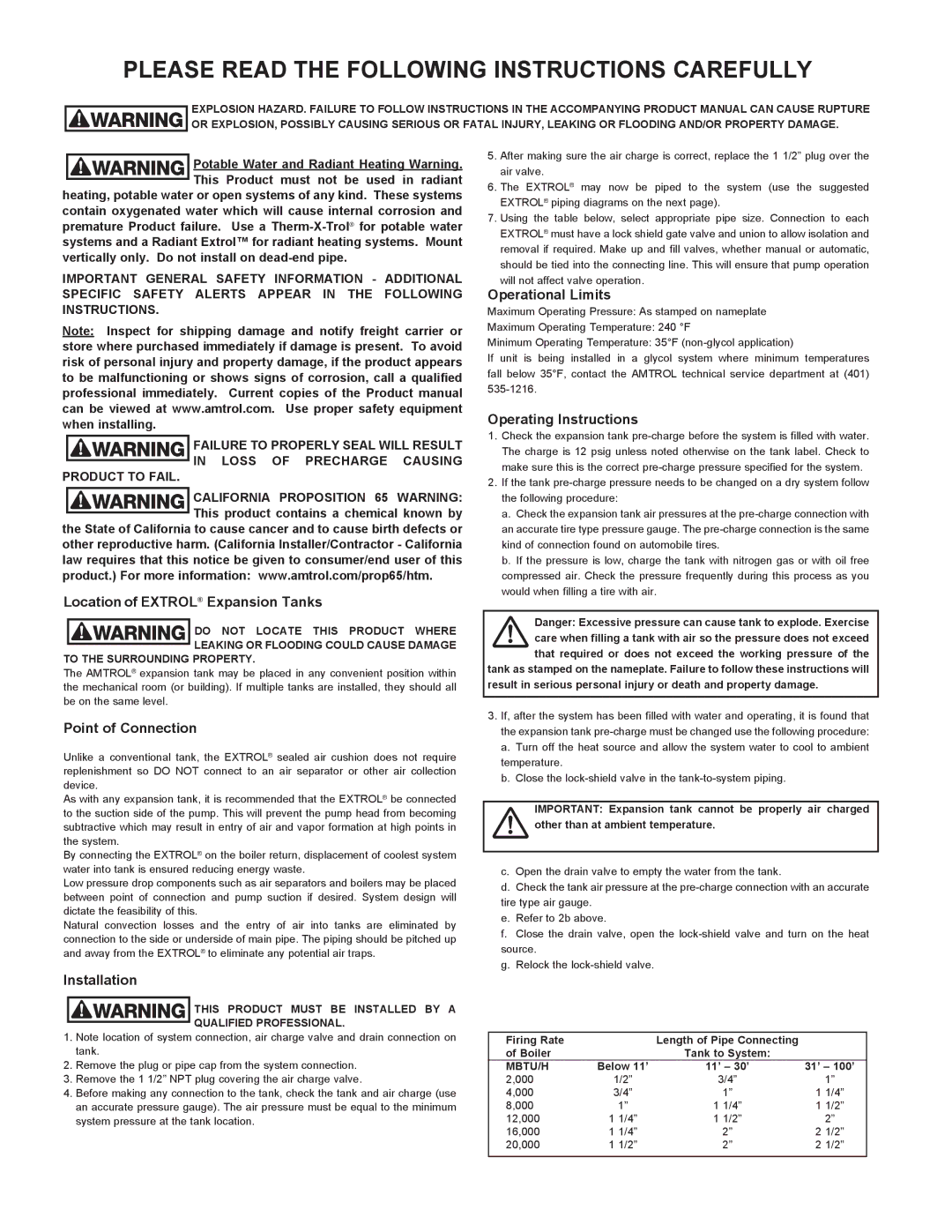 Amtrol AX-280(V), AX-260(V) Please Read the Following Instructions Carefully, Potable Water and Radiant Heating Warning 