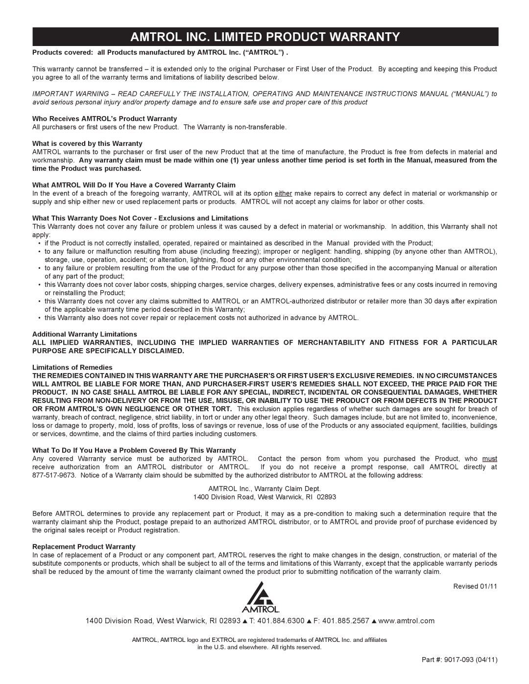 Amtrol AX-144(V) Who Receives AMTROL’s Product Warranty, What is covered by this Warranty, Additional Warranty Limitations 