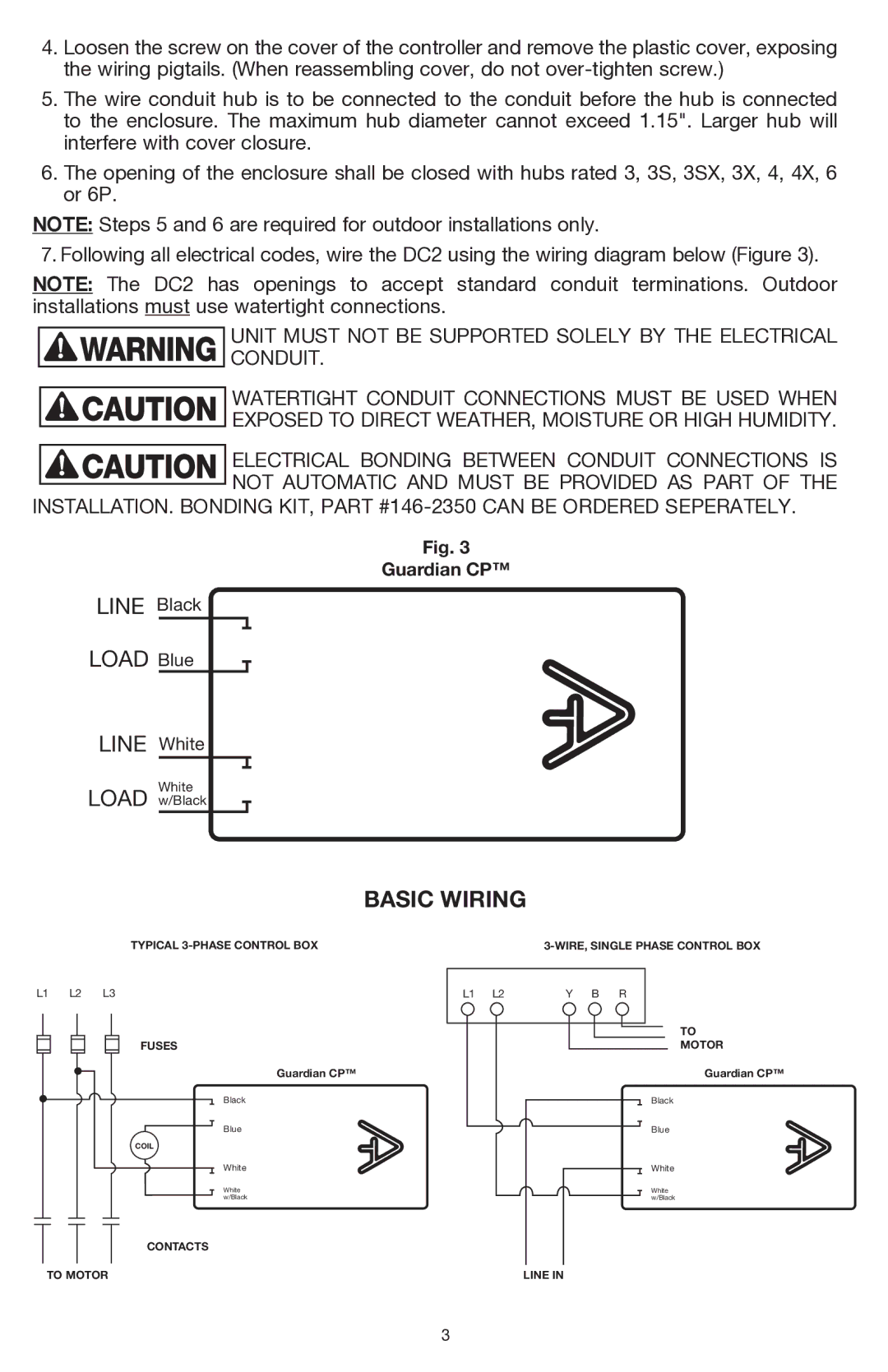 Amtrol DC2 manual Basic Wiring, Unit Must not be Supported Solely by the Electrical Conduit 