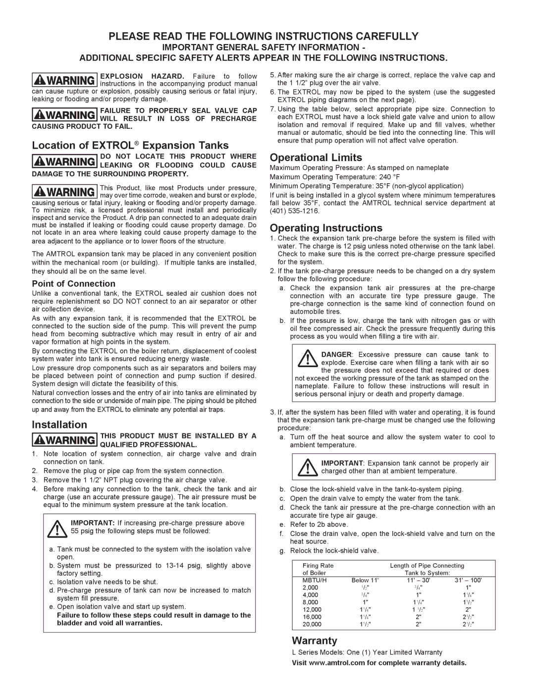 Amtrol extrol l series pressurized expansion tank warranty Please Read the Following Instructions Carefully 