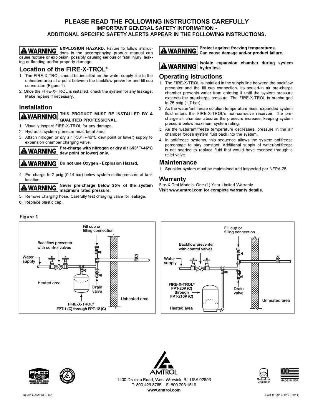 Amtrol fpt-1 warranty Location of the FIRE-X-TROL, Installation, Operating Istructions, Maintenance, Warranty 