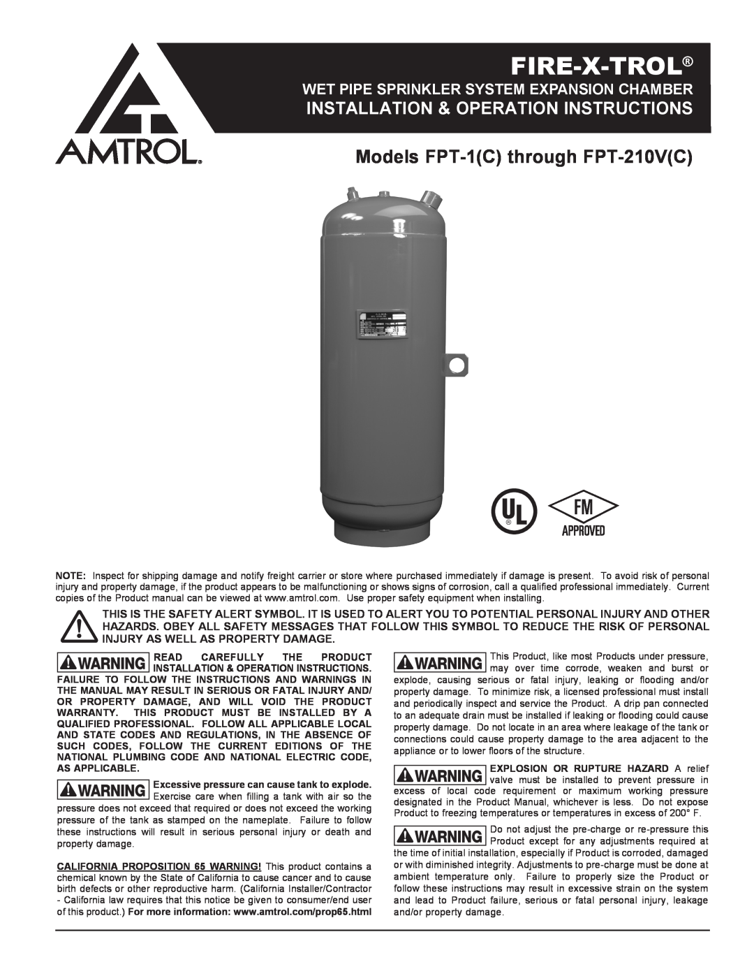 Amtrol fpt-1 warranty Fire-X-Trol, Models FPT-1Cthrough FPT-210VC, Installation & Operation Instructions 