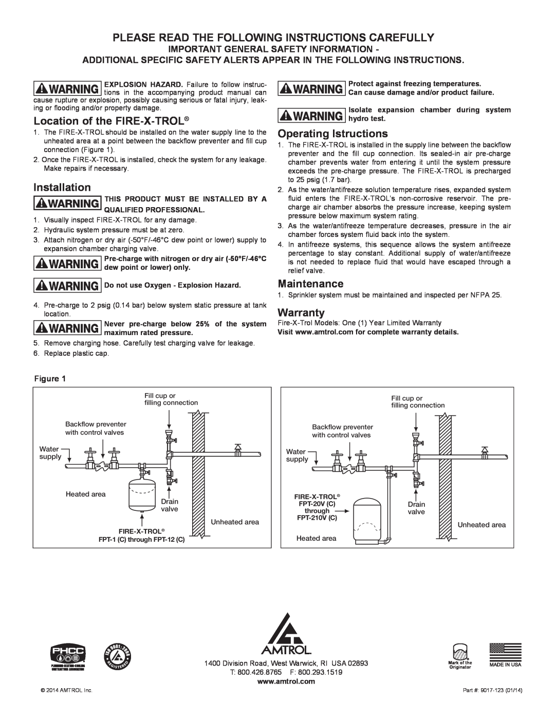 Amtrol fpt-1 Please Read The Following Instructions Carefully, Location of the FIRE-X-TROL, Installation, Maintenance 